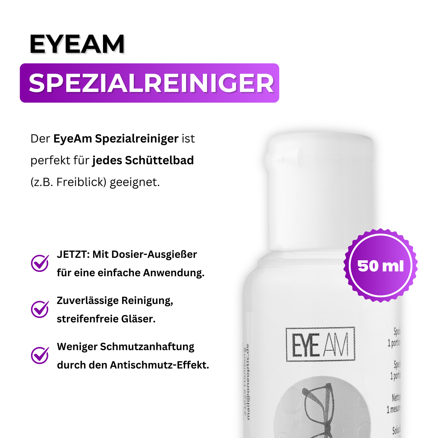 Nahaufnahme der EyeAm Spezialreiniger-Flaschen mit Tropfverschluss für präzise Dosierung.