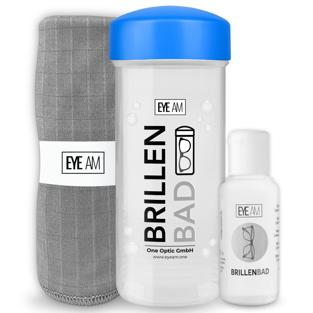 EyeAm Brillenbad Set in Blau: Brillenbad, 50 ml Spezialreiniger und Mikrofasertuch 40 × 40 cm.