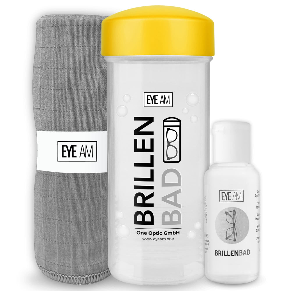 EyeAm Brillenbad Set in Gelb: Brillenbad, 50 ml Spezialreiniger und Mikrofasertuch 40 × 40 cm.
