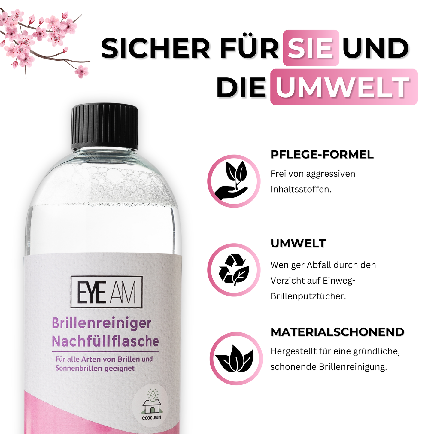EyeAm Brillenreiniger Nachfüllflasche 750 ml – Nachhaltig und Umweltfreundlich - Pflege-Formel, Materialschonend
