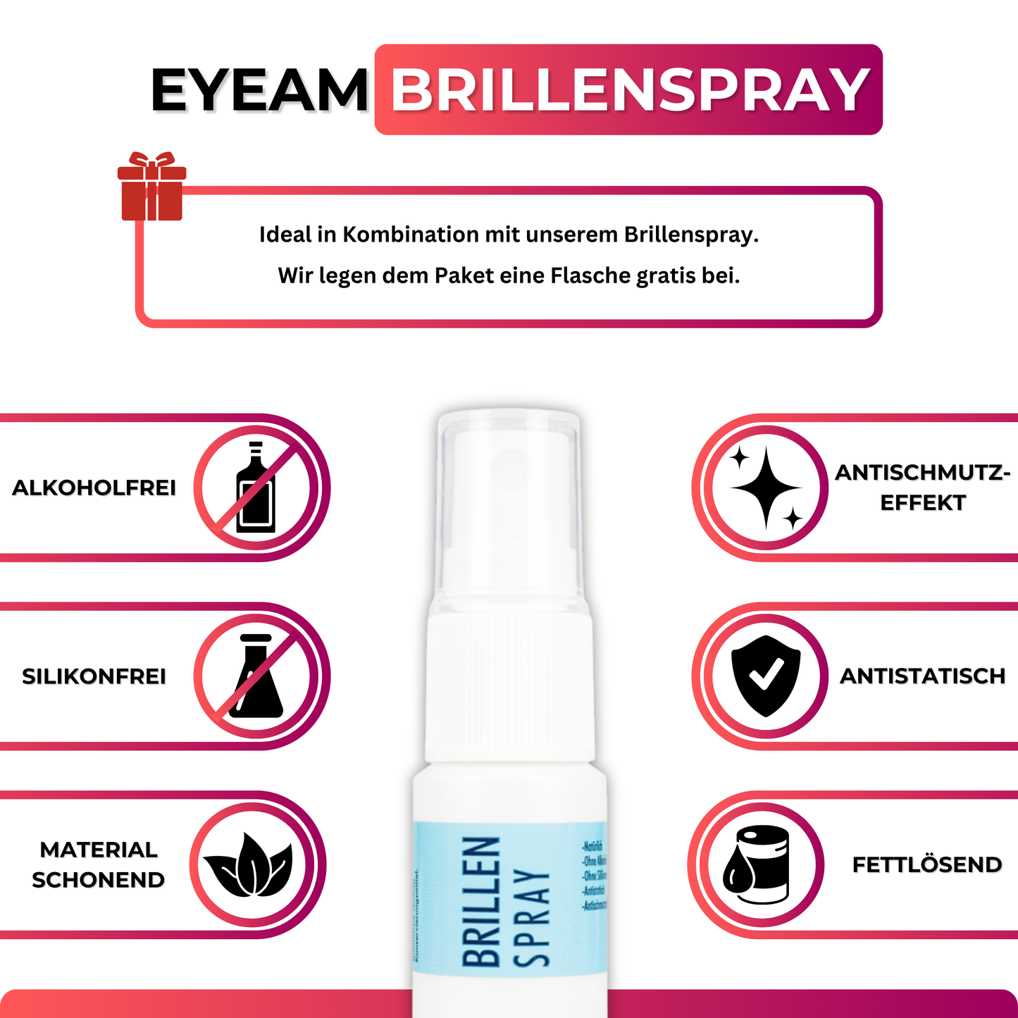 EyeAm Brillenspray, Reinigungsflüssigkeit für streifenfreie Sicht