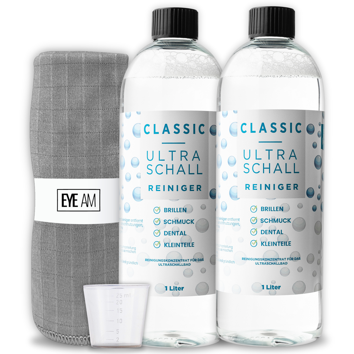 EyeAm Classic Ultraschallreiniger Konzentrat - im Set - 2x1000ml Konzentrat + Mikrofasertuch + Messbecher