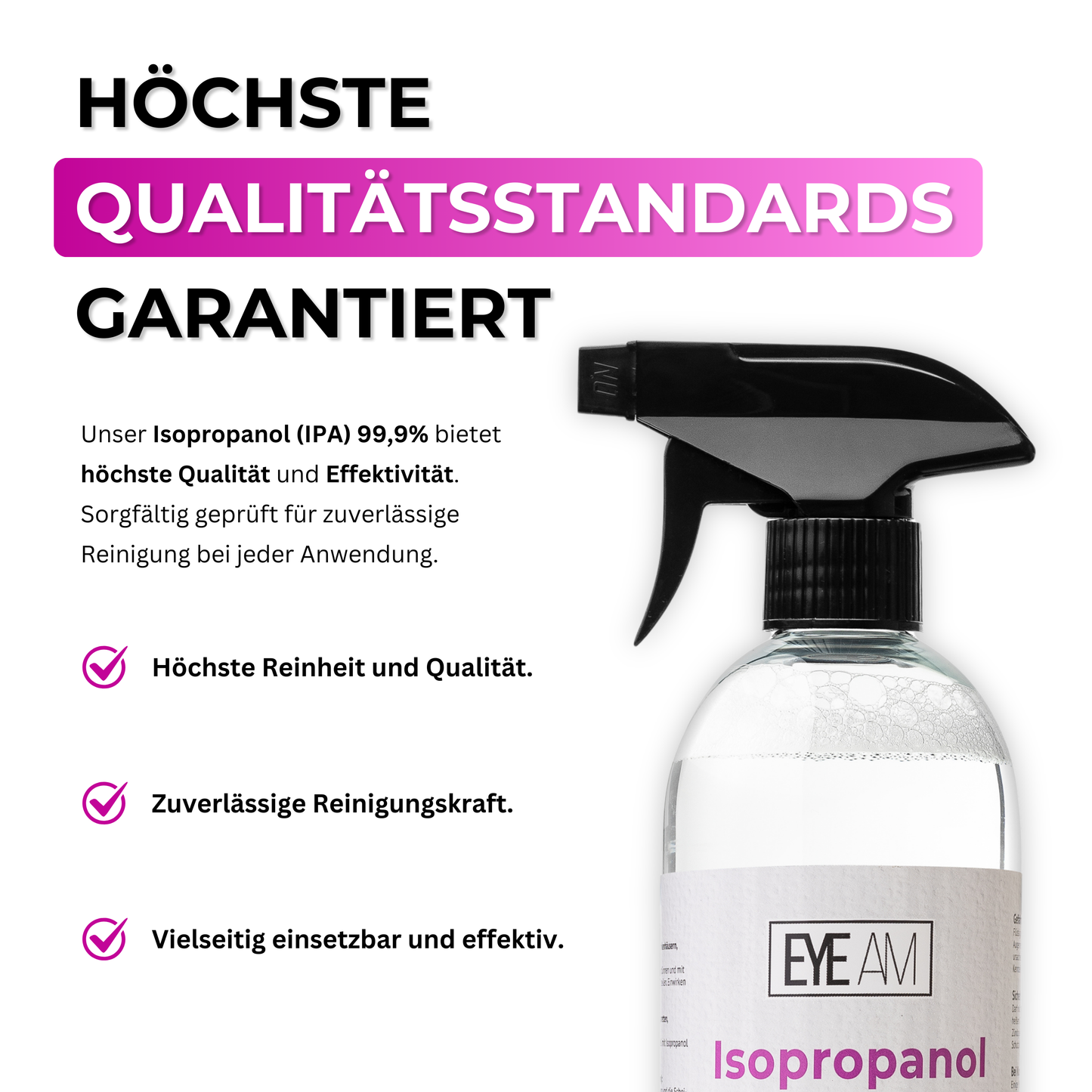 EyeAm Isopropanol 99,9% – Hochreiner Reinigungsalkohol in transparenter 750ml Sprühflasche für professionelle und private Anwendung.