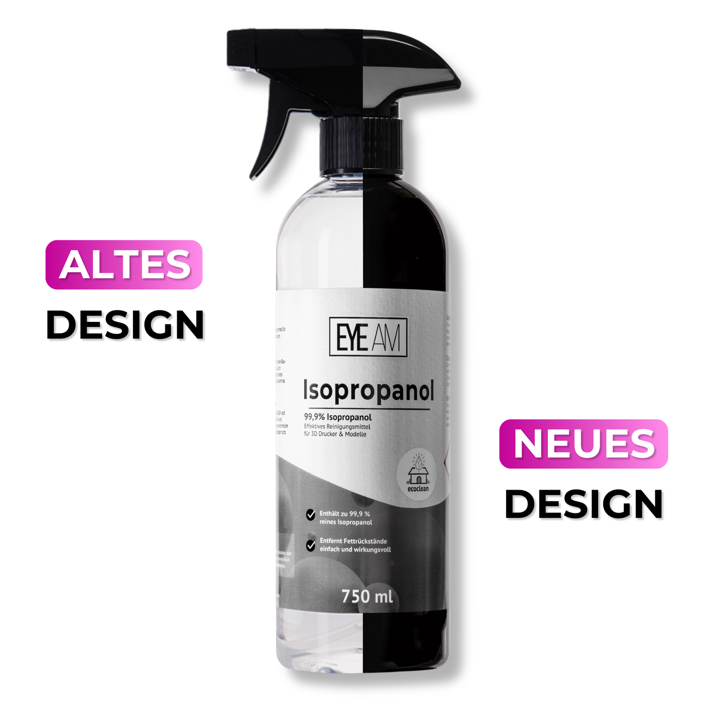 EyeAm Isopropanol 99,9% für 3D-Druck – Hochreiner Reinigungsalkohol in praktischer 750ml Sprühflasche für professionelle Reinigung.