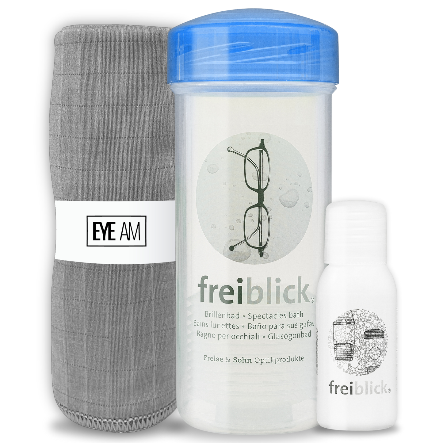 EyeAm Freiblick Brillenbad Reinigungsset in Blau mit Reinigungsschale, 50ml Spezialreiniger und Mikrofasertuch