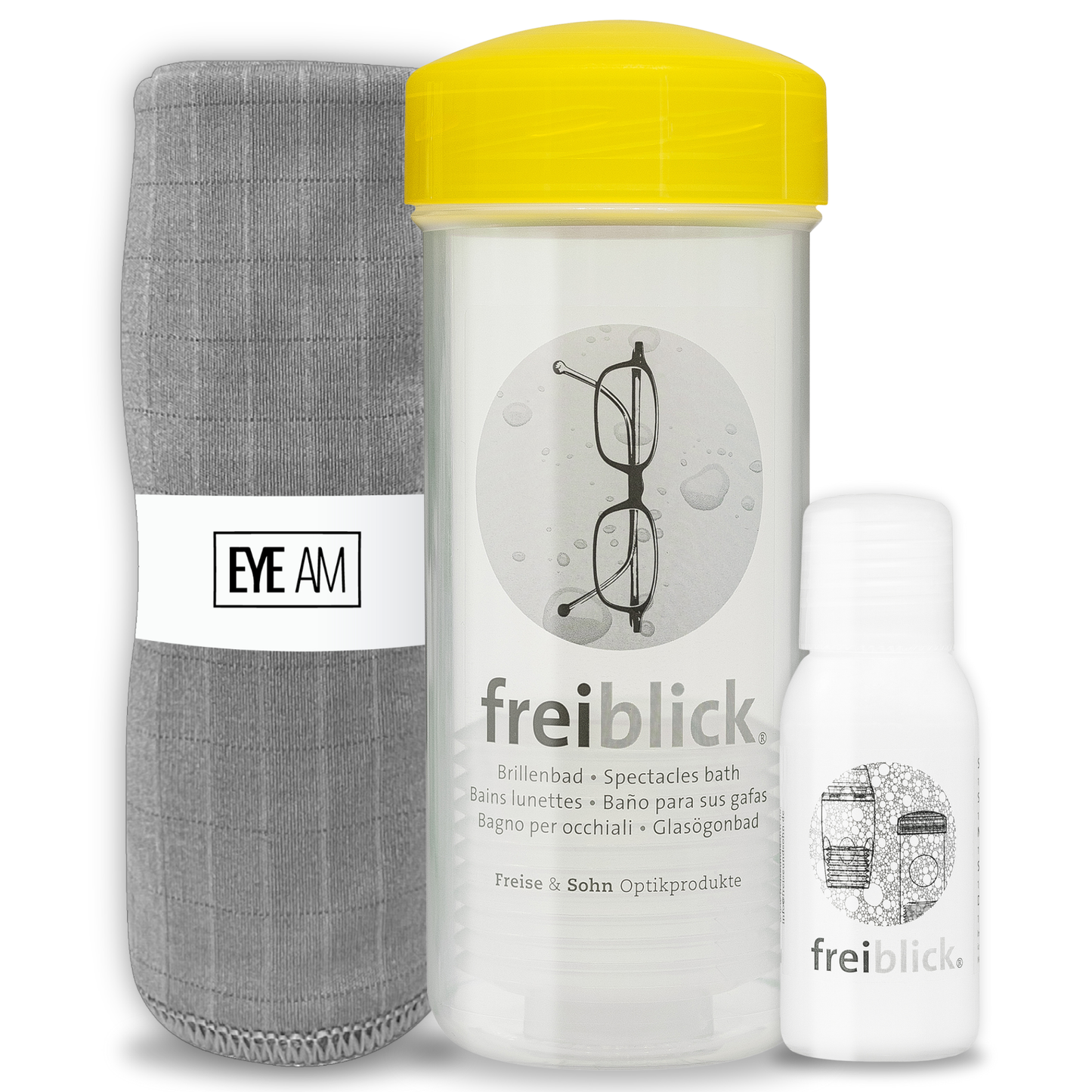 EyeAm Freiblick Brillenbad Reinigungsset in Gelb mit Reinigungsschale, 50ml Spezialreiniger und Mikrofasertuch