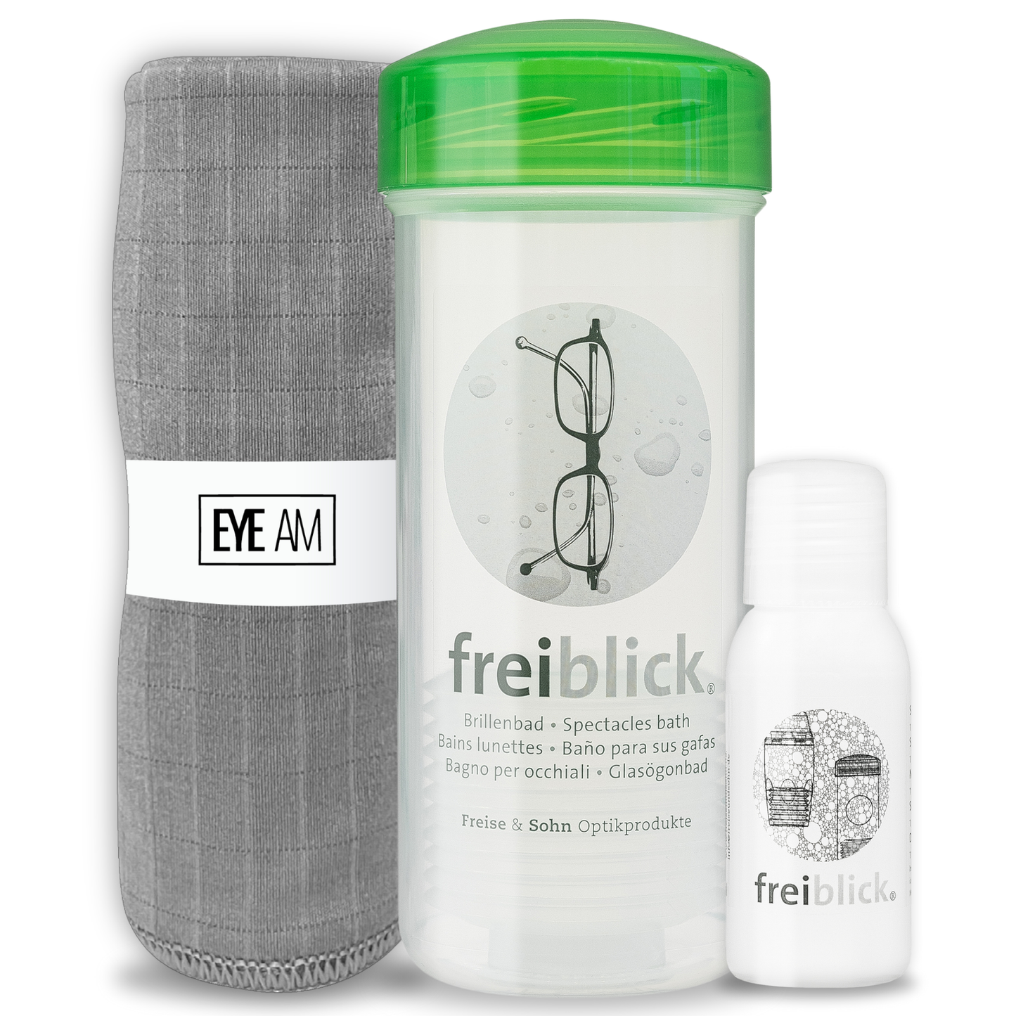 EyeAm Freiblick Brillenbad Reinigungsset in Grün mit Reinigungsschale, 50ml Spezialreiniger und Mikrofasertuch