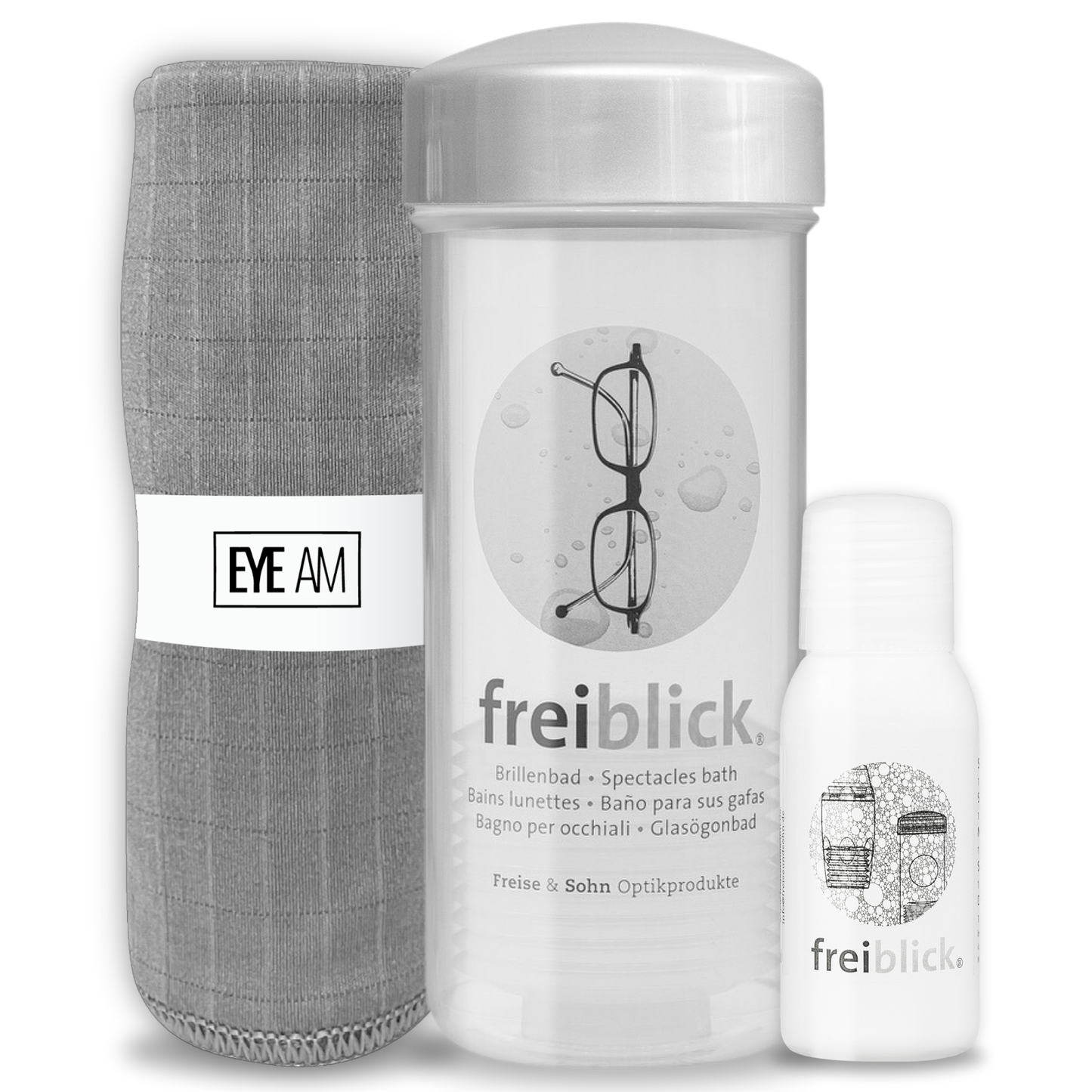 EyeAm Freiblick Brillenbad Reinigungsset in Grau mit Reinigungsschale, 50ml Spezialreiniger und Mikrofasertuch