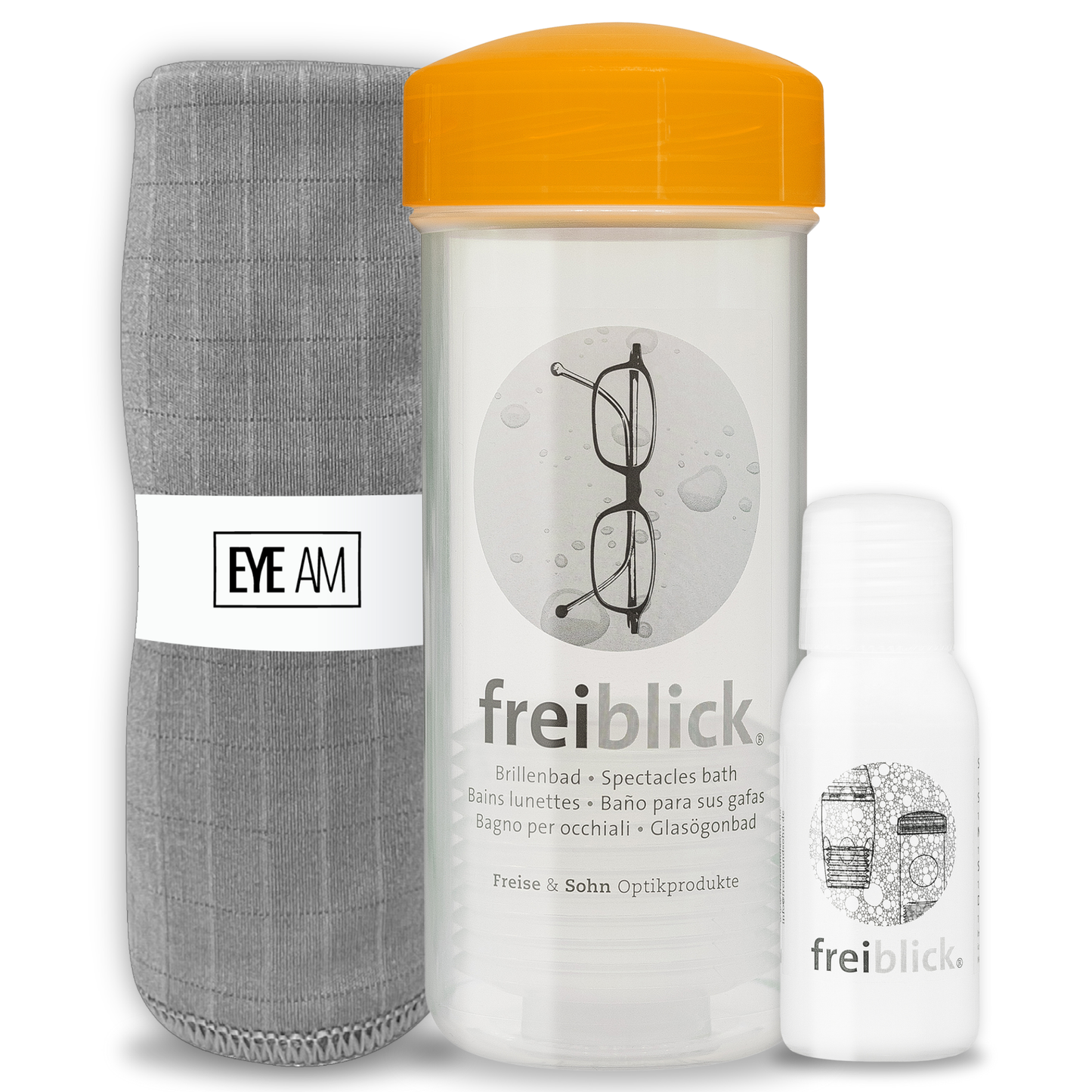 EyeAm Freiblick Brillenbad Reinigungsset in Orange mit Reinigungsschale, 50ml Spezialreiniger und Mikrofasertuch
