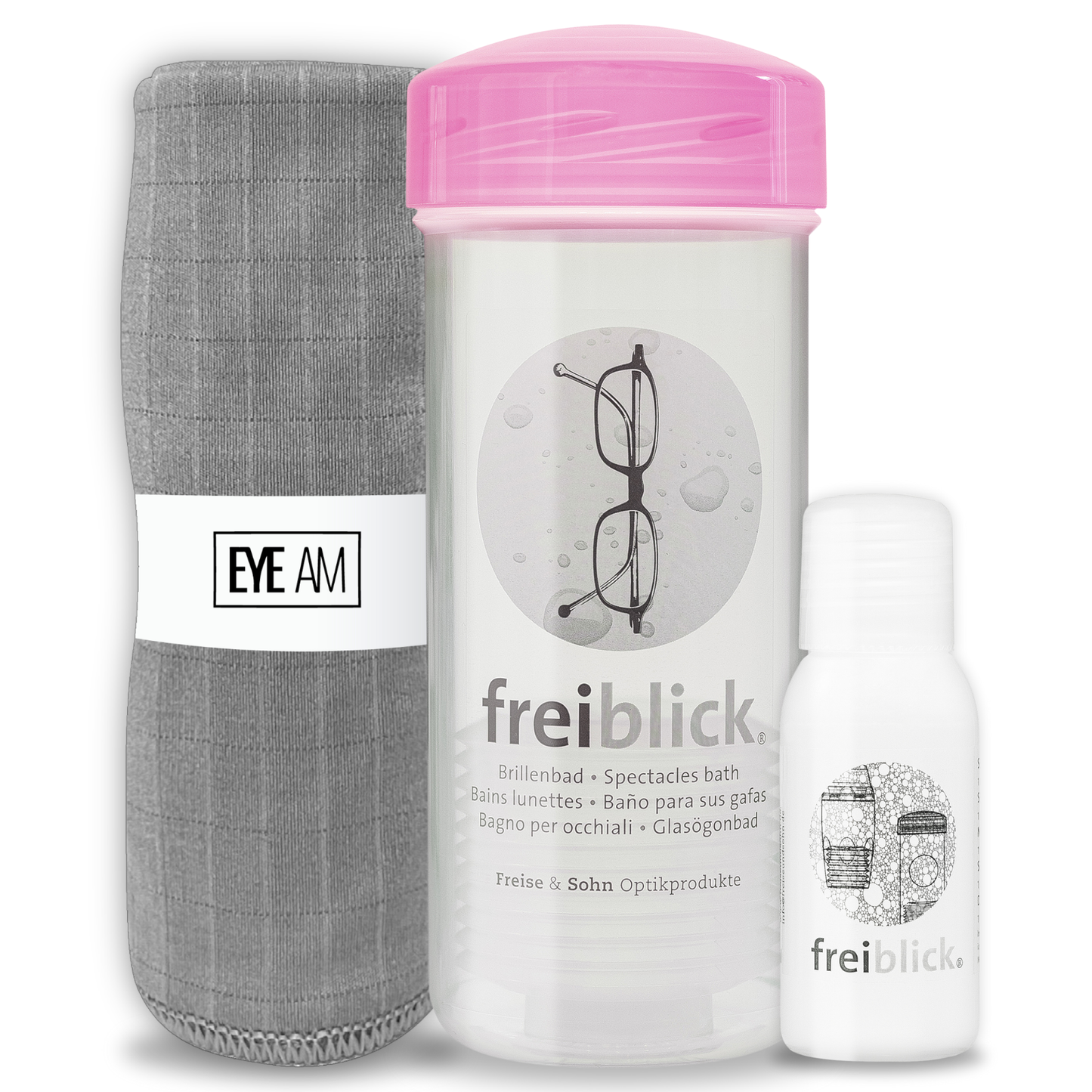 EyeAm Freiblick Brillenbad Reinigungsset in Rosa mit Reinigungsschale, 50ml Spezialreiniger und Mikrofasertuch