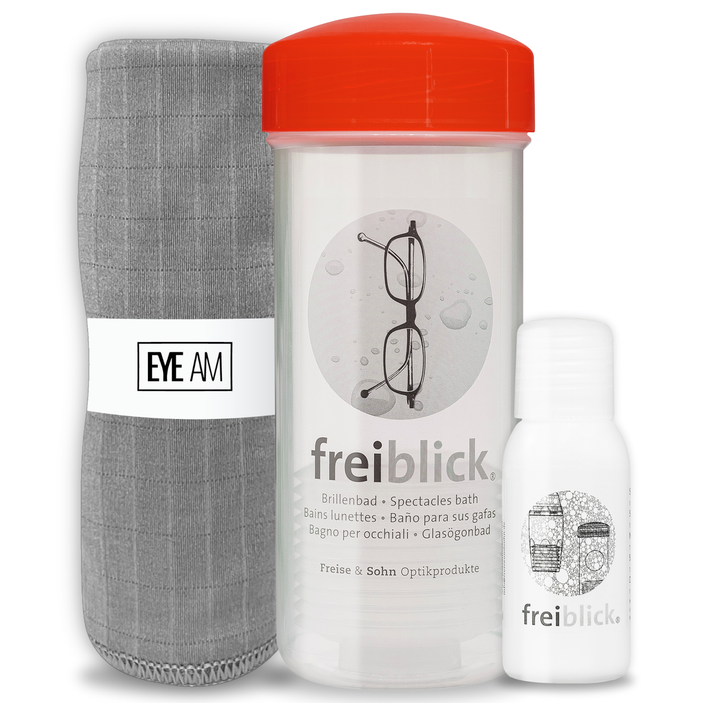 EyeAm Freiblick Brillenbad Reinigungsset in Rot mit Reinigungsschale, 50ml Spezialreiniger und Mikrofasertuch