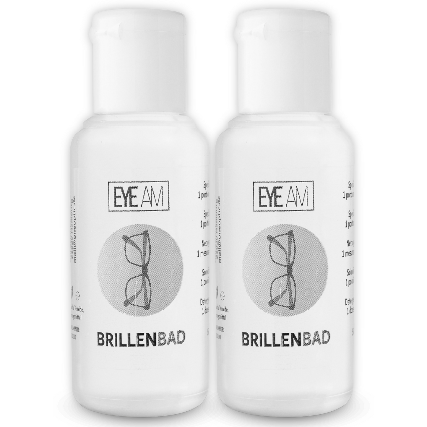 Zwei 50 ml Flaschen EyeAm Brillenreiniger als Set, geeignet für alle gängigen Brillenbäder.