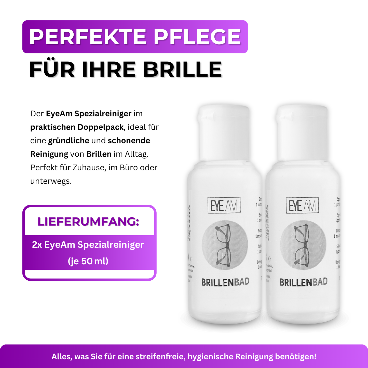 Lieferumfang des EyeAm Brillenreinigers mit zwei 50 ml Flaschen im Set.