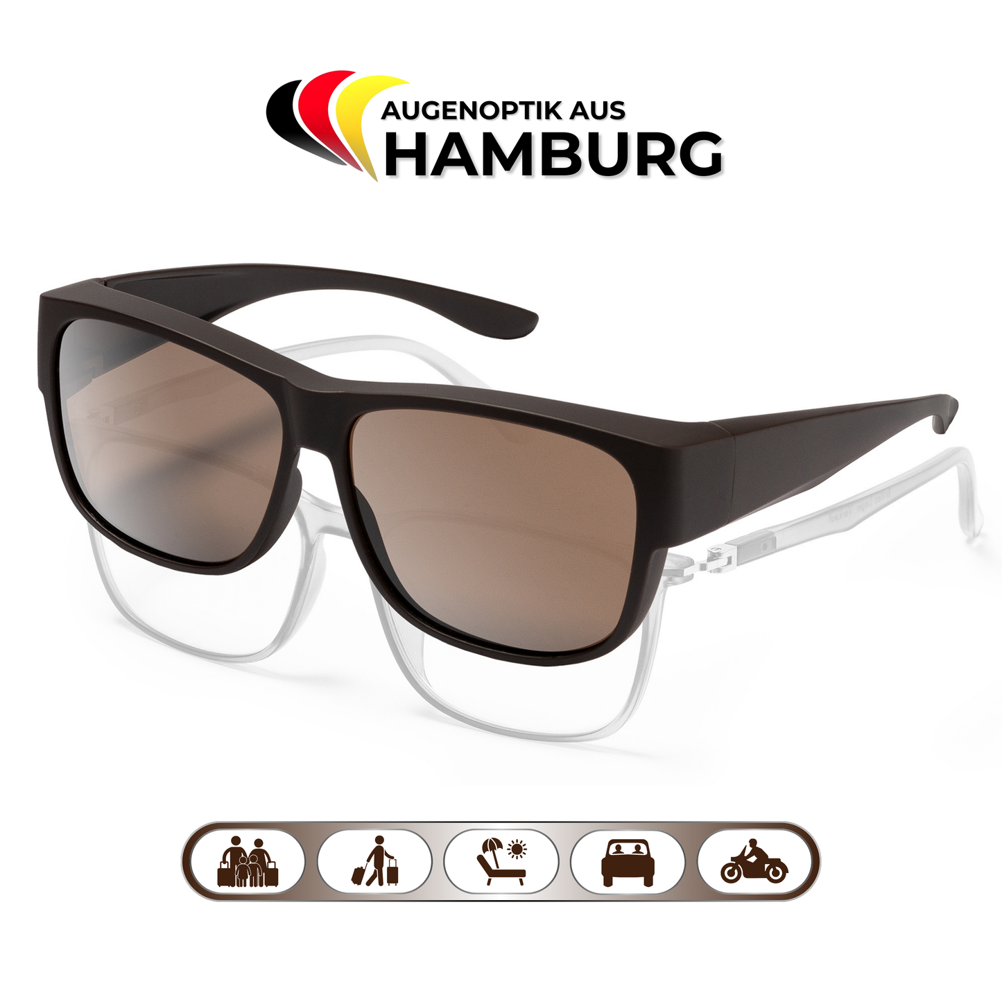 EyeAm Überziehbrille Braun mit Aufdruck 'Augenoptik aus Hamburg'