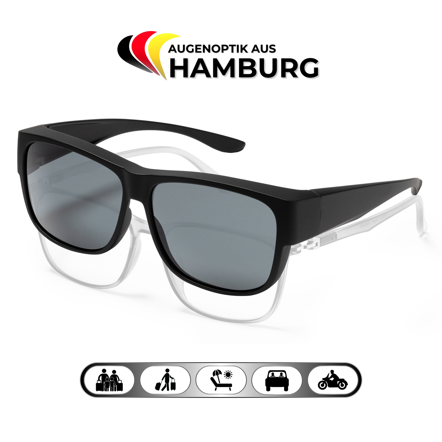 EyeAm Überziehbrille Schwarz mit Aufdruck 'Augenoptik aus Hamburg' – Qualität aus deutscher Augenoptik