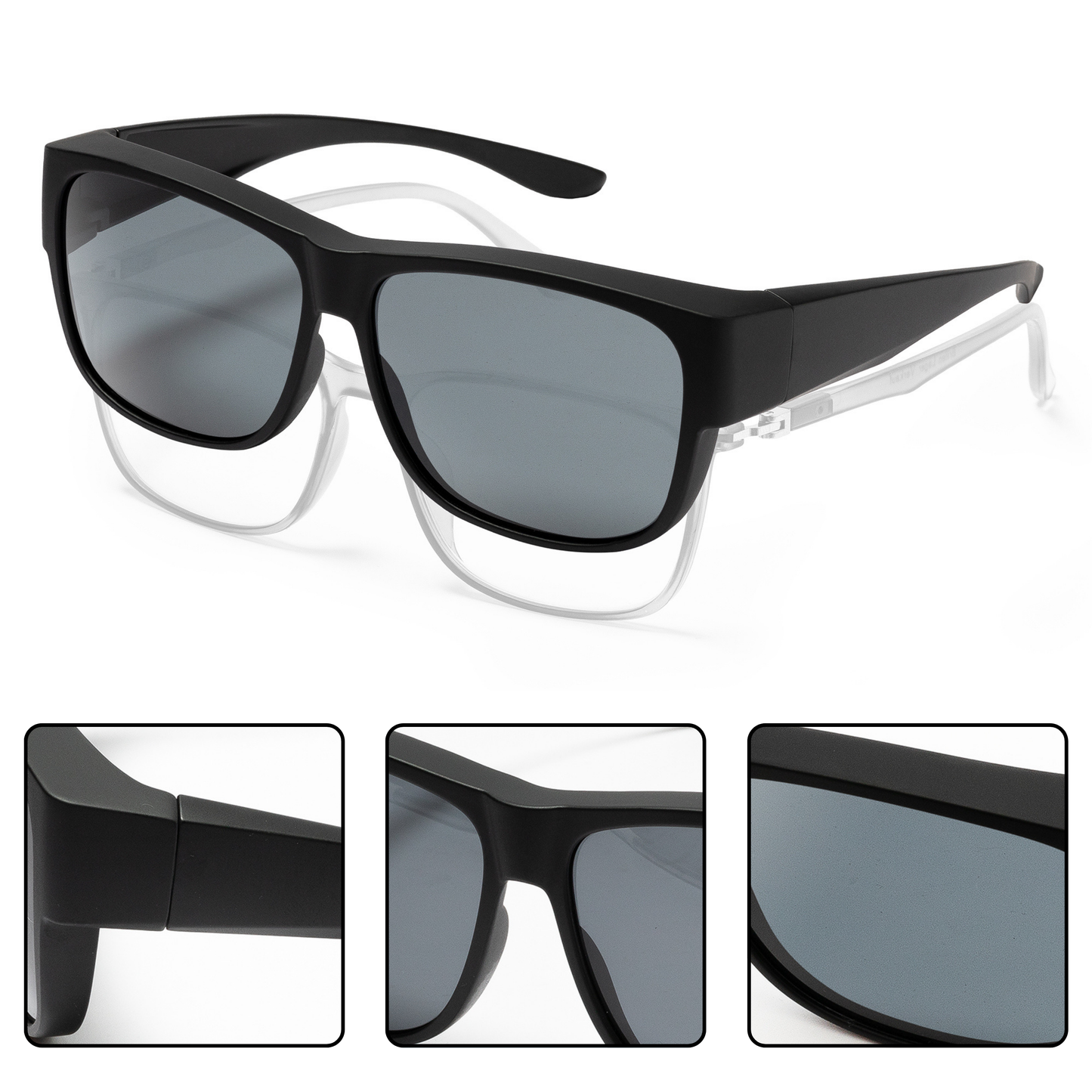 Detailansichten der EyeAm Überziehbrille Schwarz – ergonomischer Rahmen, hochwertige polariserte Gläser