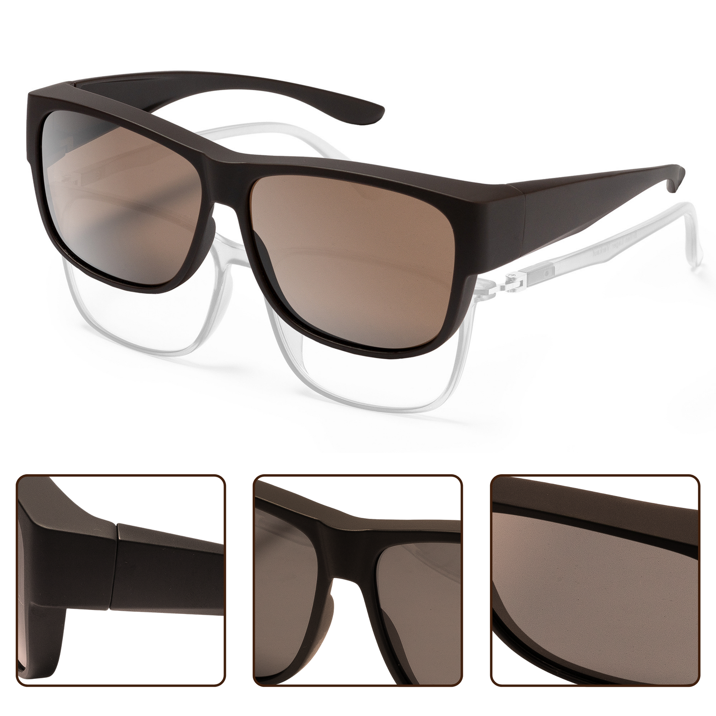 Detailansichten der EyeAm Überziehbrille Braun – ergonomischer Rahmen, hochwertige polariserte Gläser