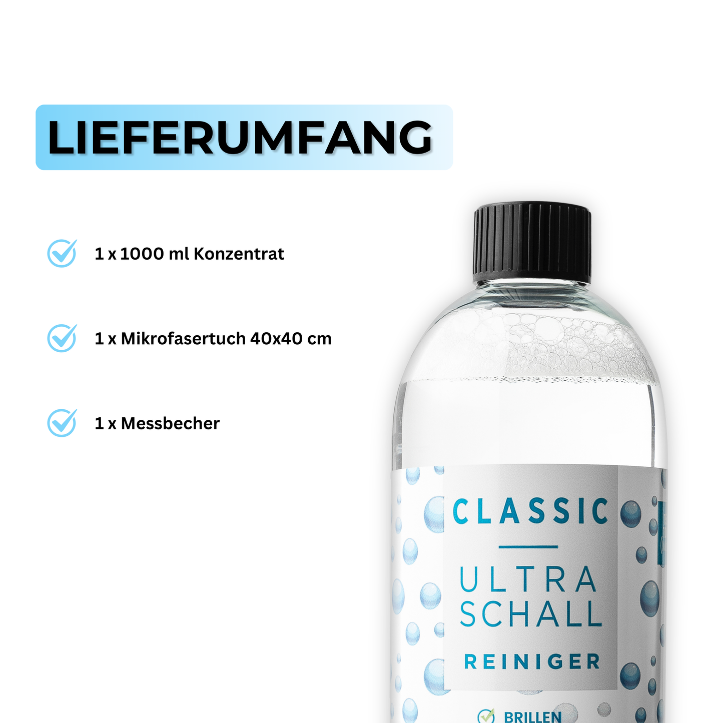 Lieferumfang - EyeAm - 1000ml Konzentrat, Mikrofasertuch 40x40cm, Messbecher