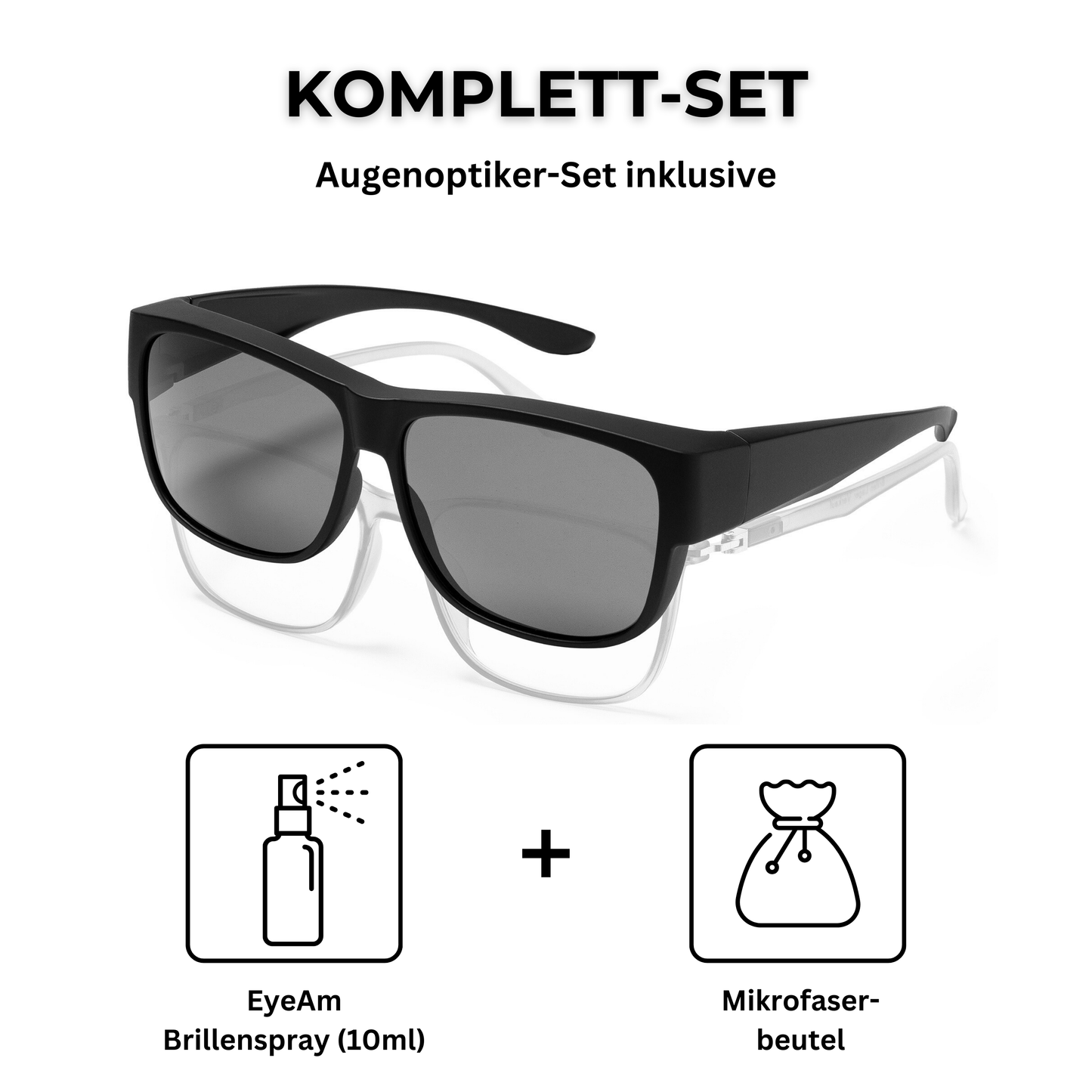 EyeAm Überziehbrille im Set – inklusive 10ml Brillenspray, Mikrofaserbeutel