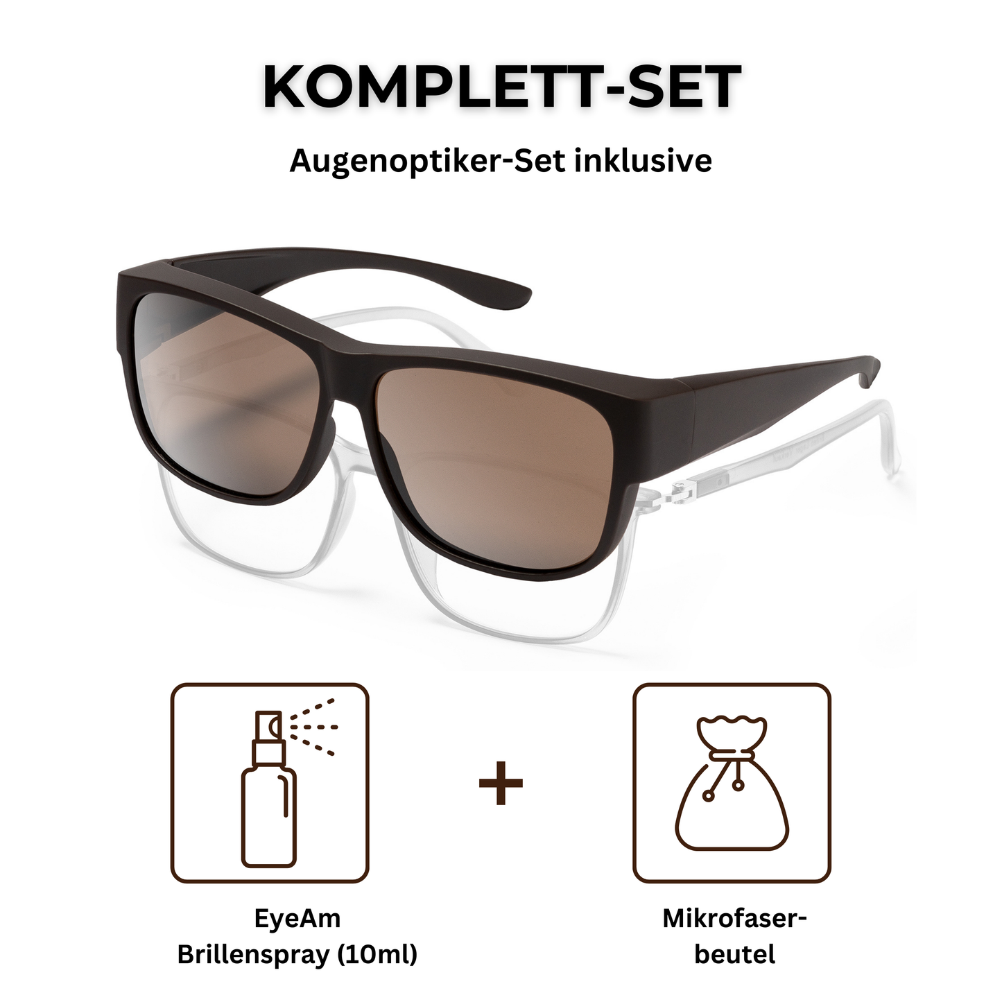 EyeAm Überziehbrille im Set – inklusive 10ml Brillenspray, Mikrofaserbeutel & Reinigungstuch zur Pflege
