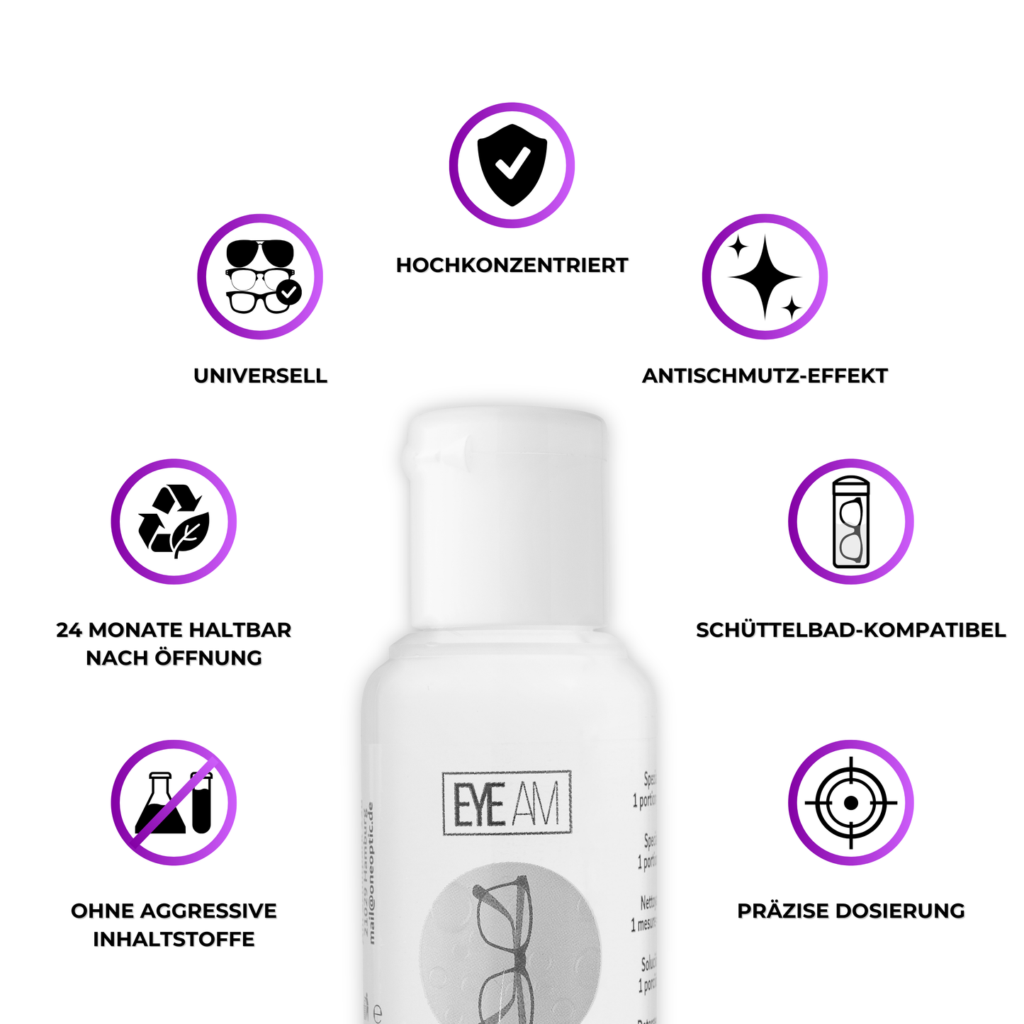 Symbolgrafiken zu den Vorteilen wie streifenfreie Reinigung, einfache Anwendung und universelle Eignung für Brillen.