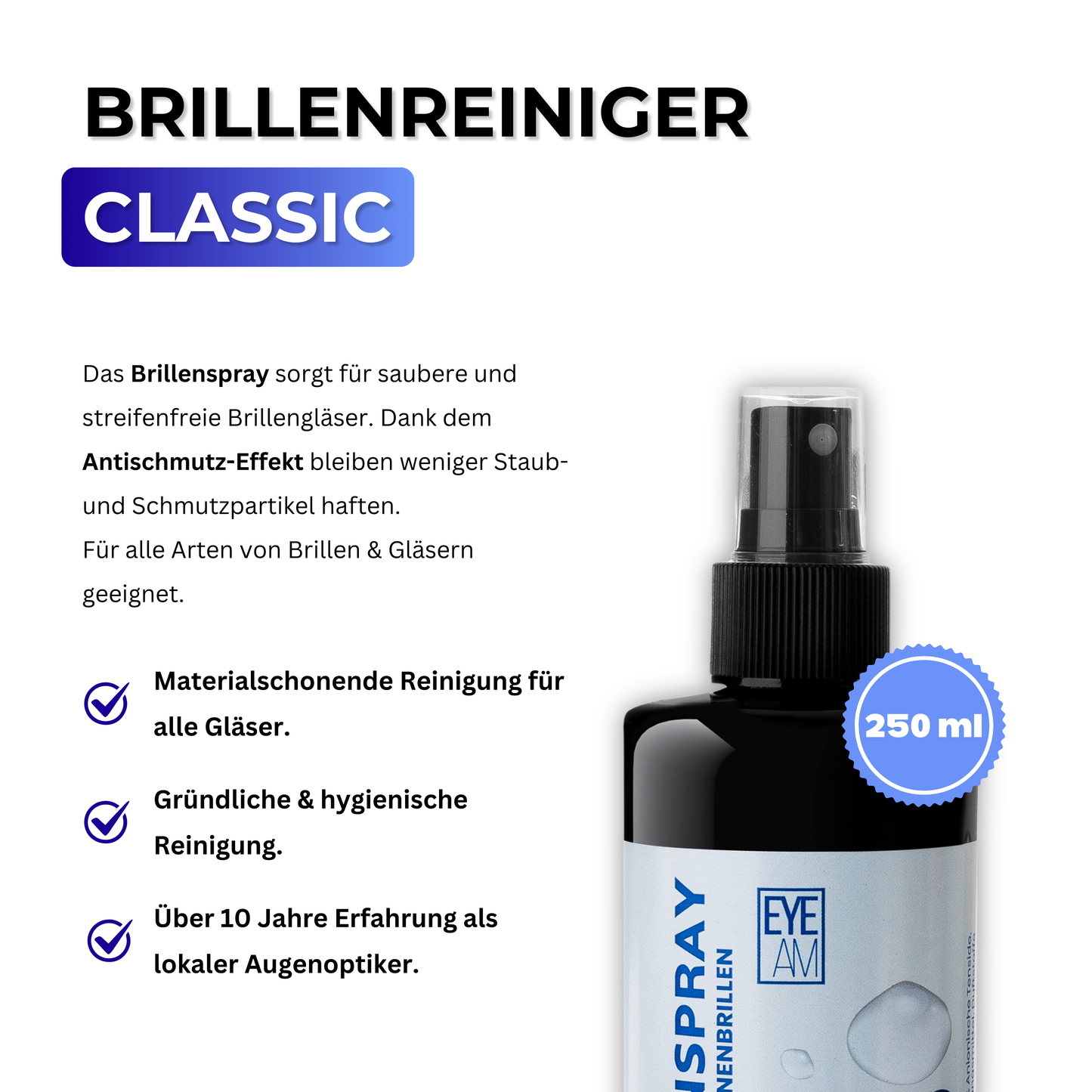 EyeAm Brillenreiniger 250ml im Set mit hochwertigem Mikrofasertuch – Für streifenfreie Sauberkeit aller Brillenarten.