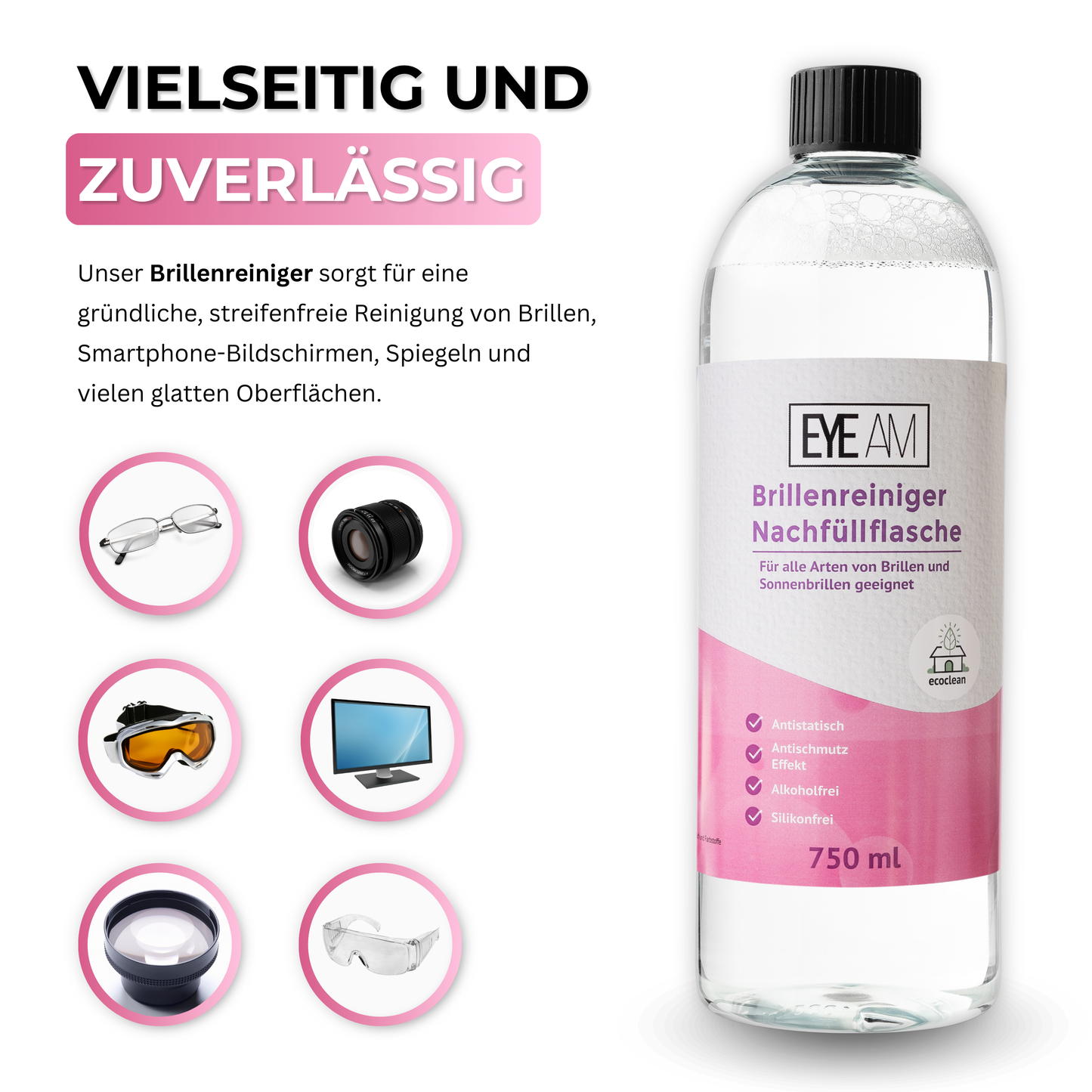 Anwendung des EyeAm Reinigers auf Brillenglas, Kamera, TV – aufsprühen und mit Mikrofasertuch reinigen