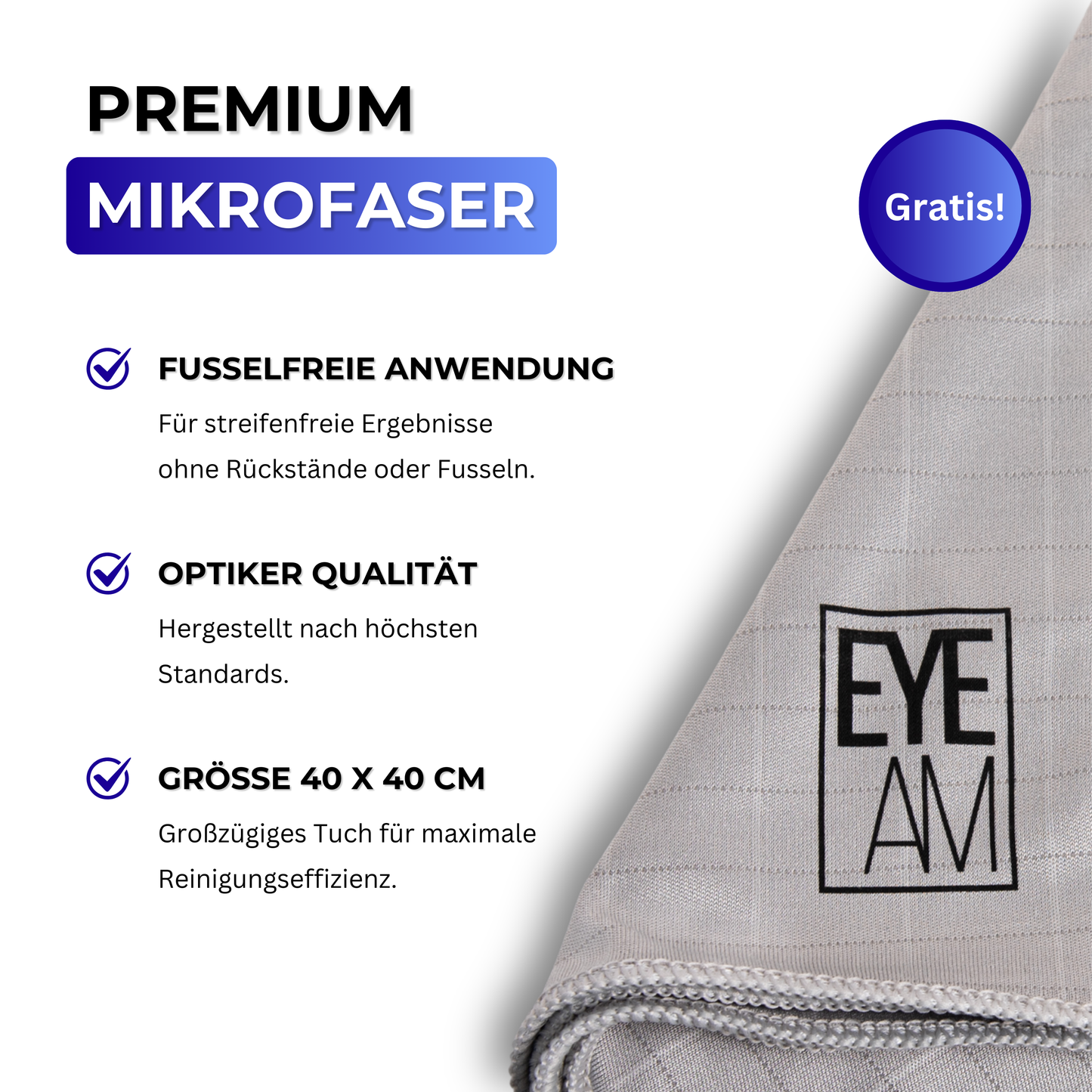 Ultrafeines EyeAm Mikrofasertuch – Saumverstärkt, besonders sanft für optische Gläser und empfindliche Oberflächen.