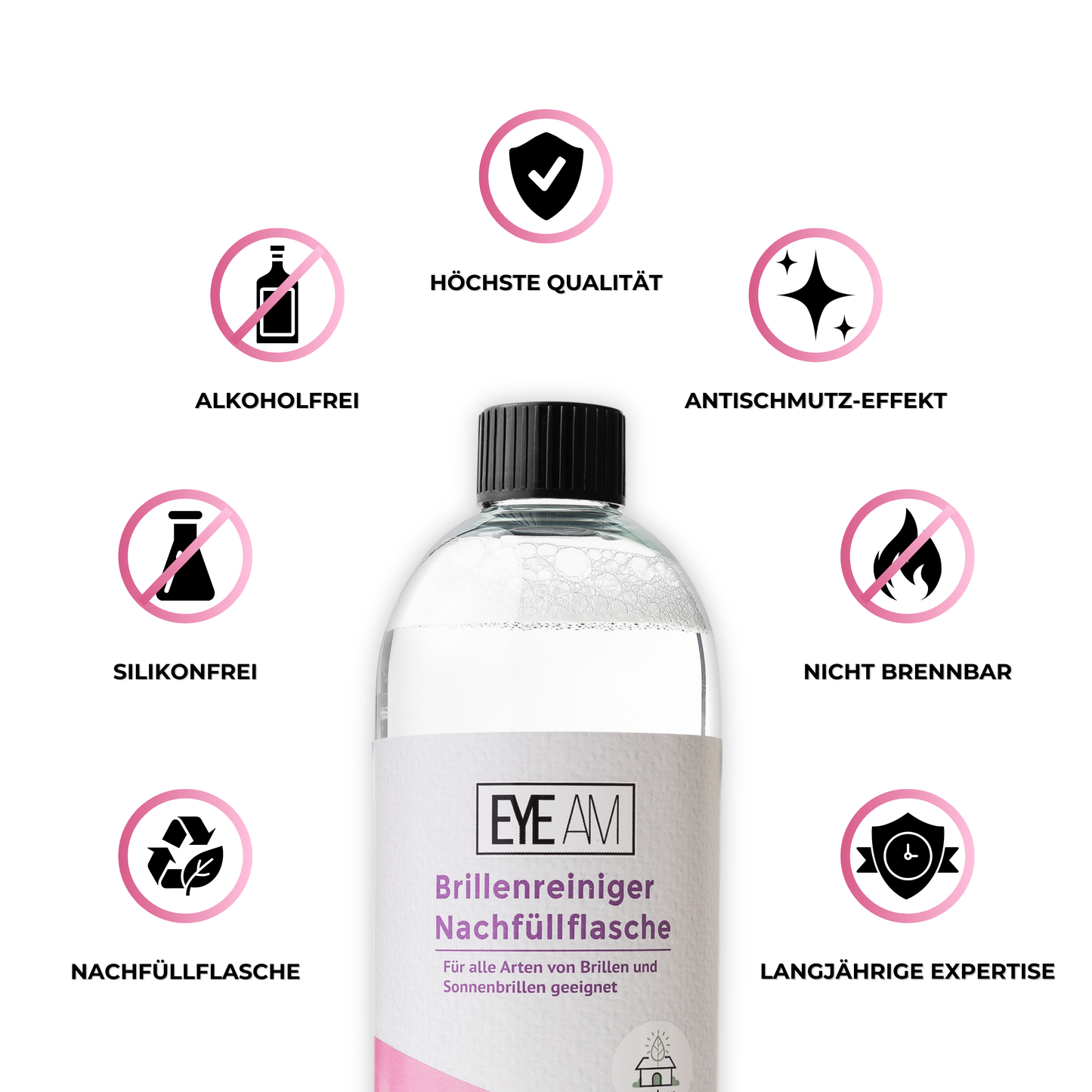 Produktvorteile des EyeAm Brillenreinigers im Überblick – klar, schonend, universell, alkoholfrei, silikonfrei