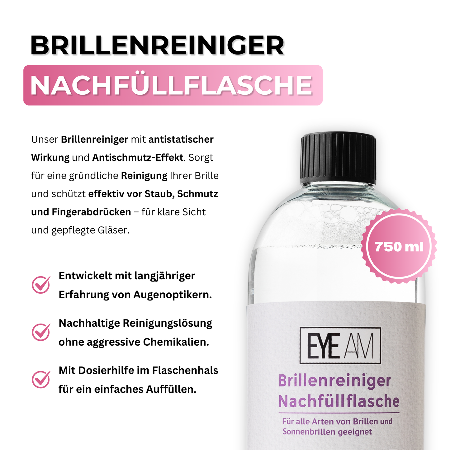 EyeAm Brillenreiniger Nachfüllflasche 750 ml – streifenfreie Reinigung für Brillen aller Art