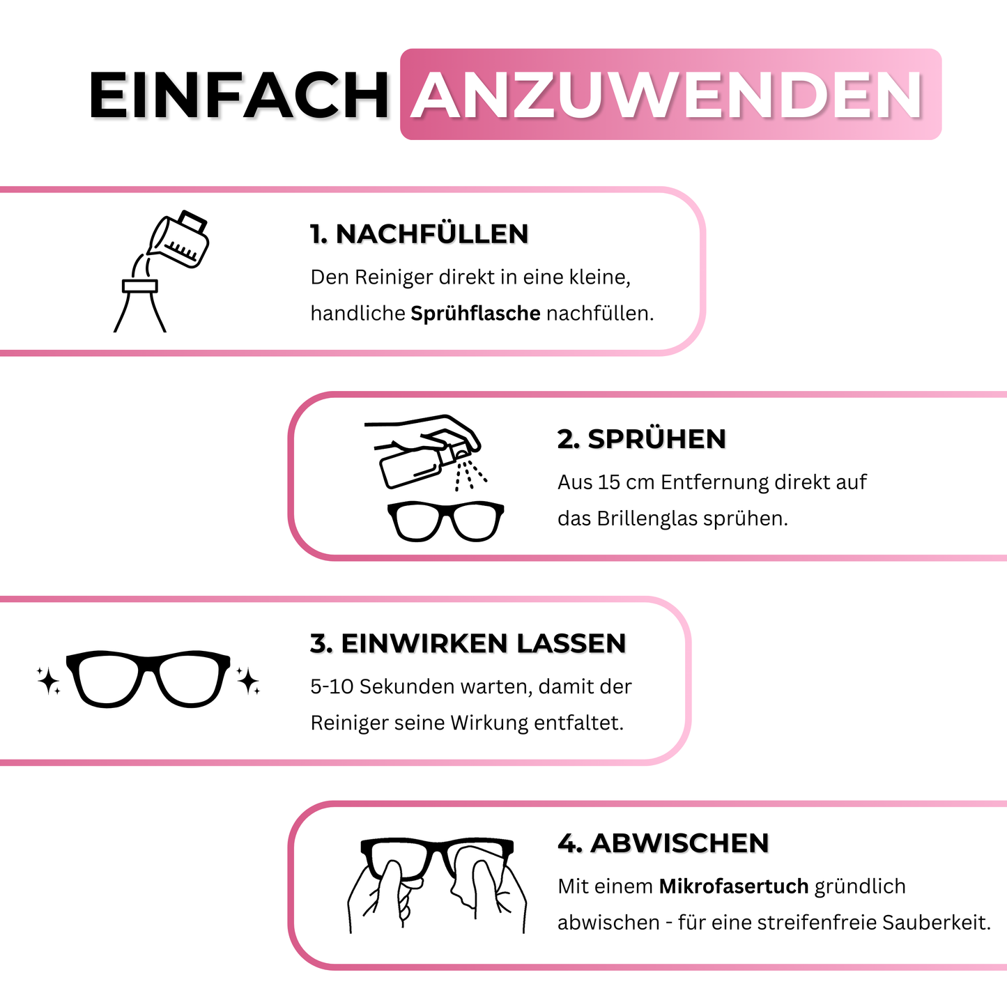 Tutorial: EyeAm Brillenreiniger anwenden – sprühen, abwischen, streifenfrei sauber