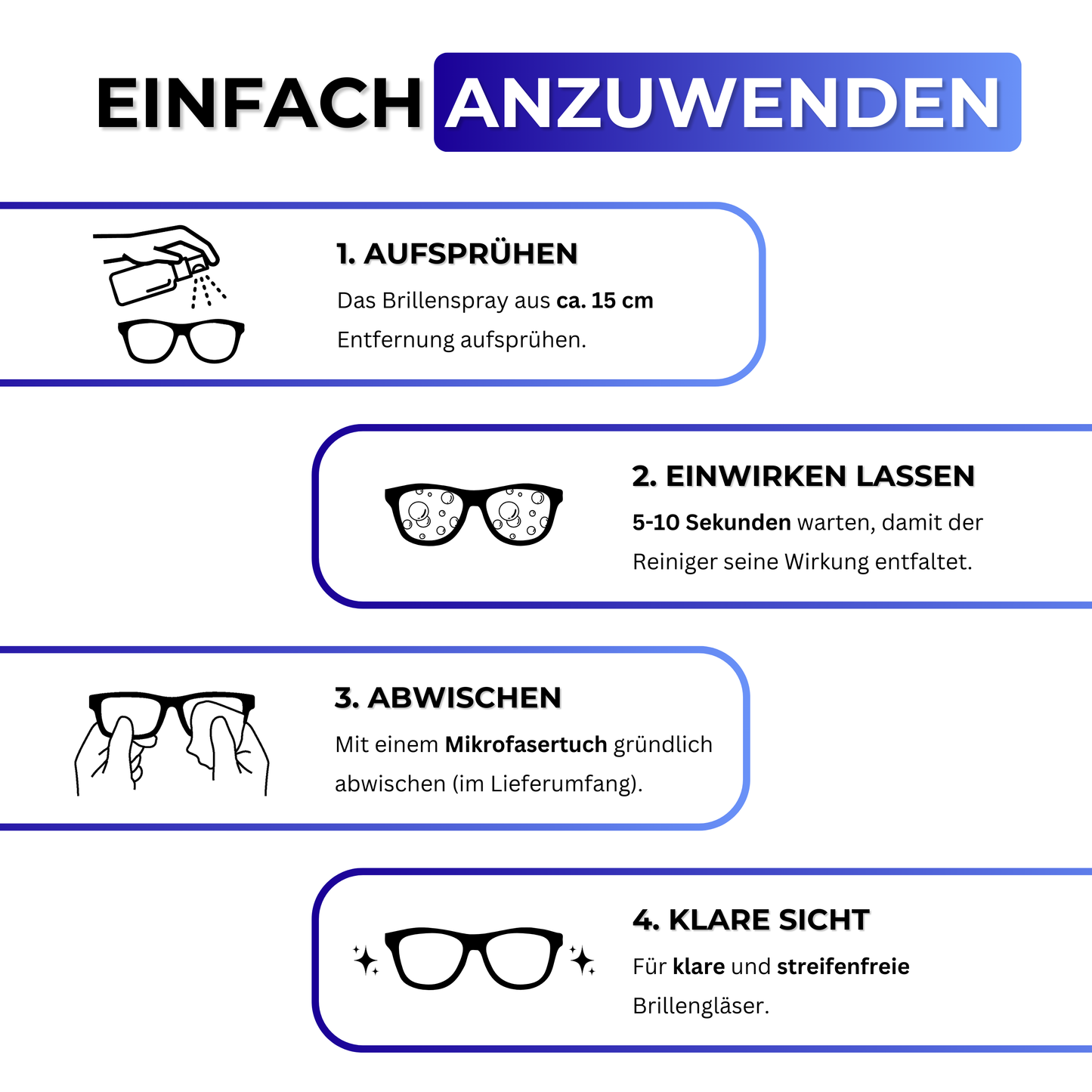 Anleitung: EyeAm Brillenspray auf Brillenglas sprühen, mit Mikrofasertuch nebelfeucht trocken wischen – fertig.