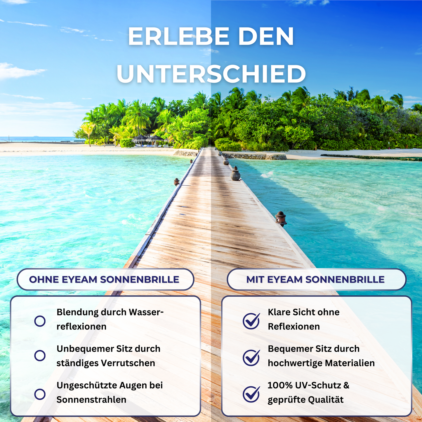 Vorher-Nachher-Vergleich: Sicht mit EyeAm Sportbrille vs. ohne – weniger Blendung, bessere Kontraste bei Sonne