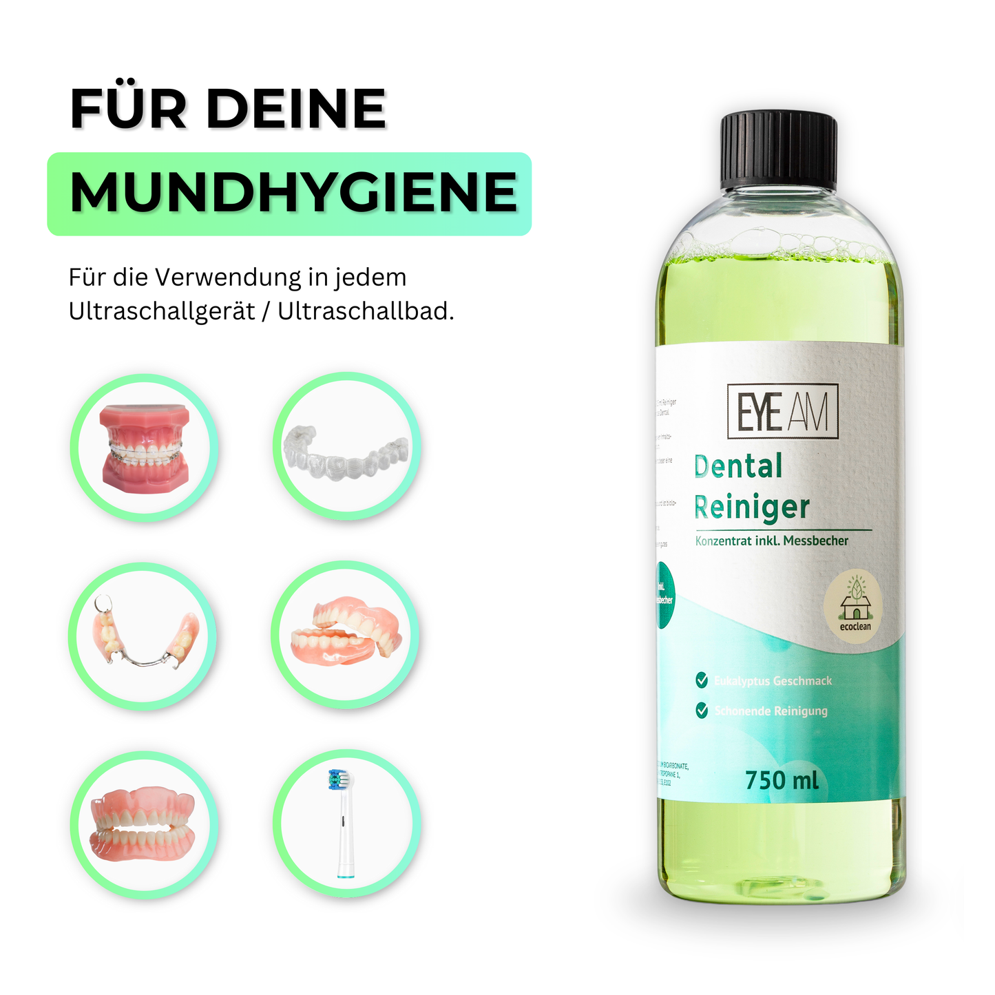 EyeAm Dental Ultraschallreiniger 750ml – geeignet zur Reinigung von Zahnprothesen, Gebissen, Zahnbürstenköpfen, Retainern, Zahnarztinstrumenten und Alignern im Ultraschallgerät.