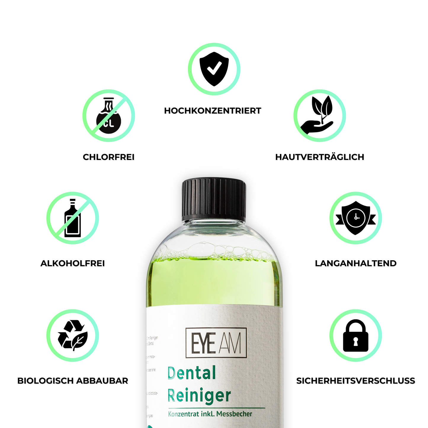 Icons mit Vorteilen: Porentiefe Reinigung, chlorfrei, hautfreundlich, frischer Geschmack, alkoholfrei