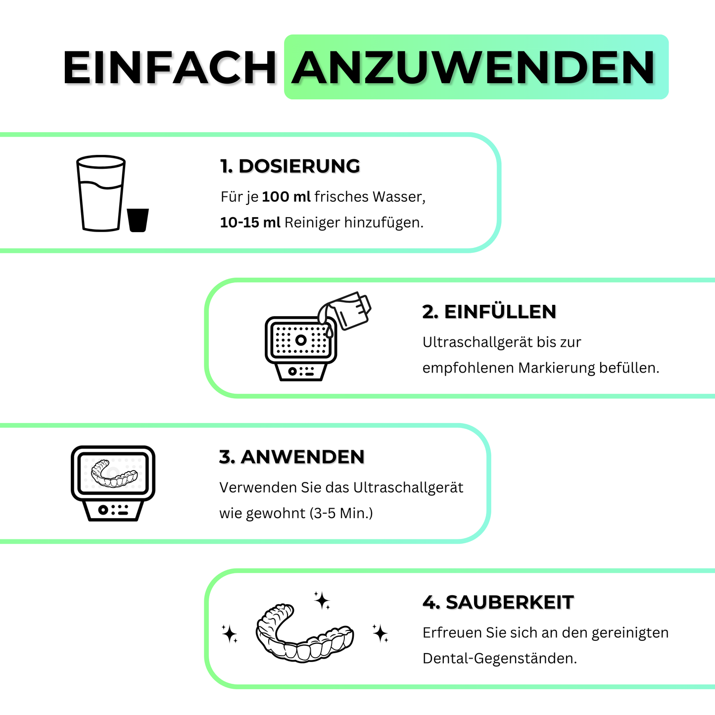 Schritt-für-Schritt Anleitung zur Reinigung von Zahnprothesen im Ultraschallgerät mit EyeAm Dental Konzentrat.