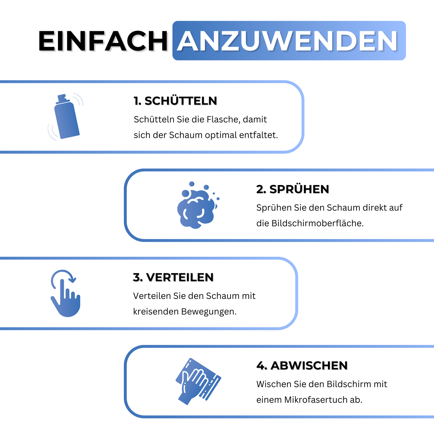Anleitung: So wenden Sie den EyeAm Displayreiniger Schaum richtig an – aufsprühen, einwirken lassen, mit Mikrofaser trockenwischen