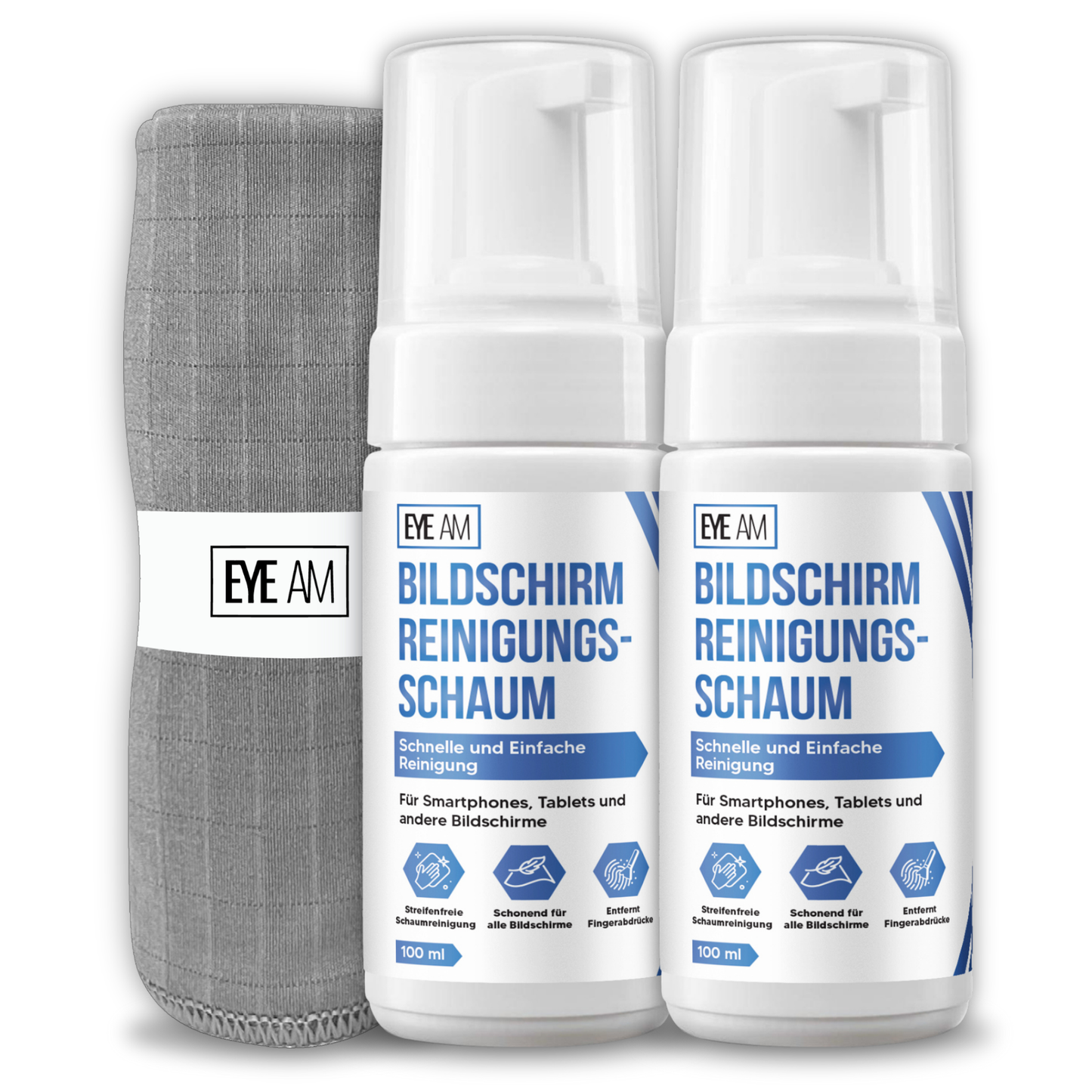 EyeAm Displayreiniger Schaum im Set mit Mikrofasertuch – geeignet für Smartphone, Tablet, Laptop und Bildschirmreinigung