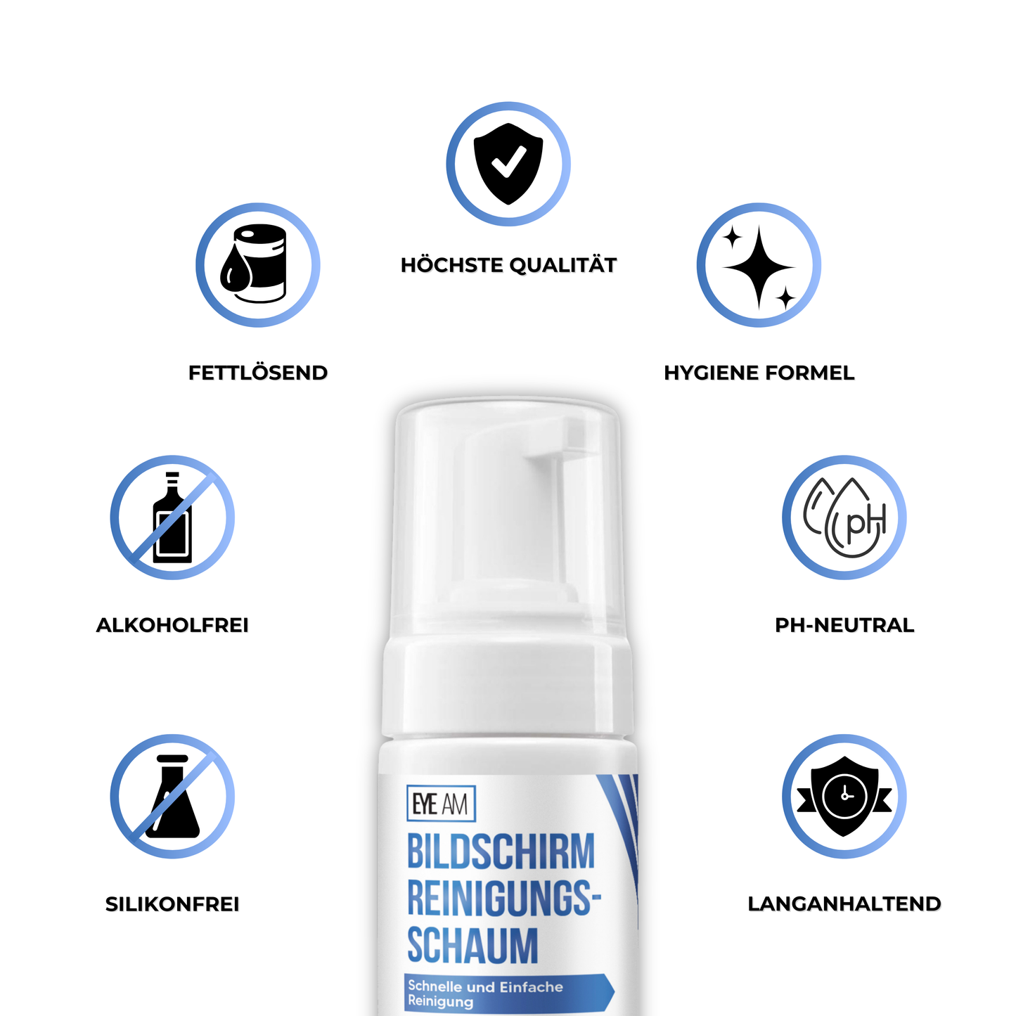 Vorteile des EyeAm Displayreinigers: antistatisch, rückstandsfrei, nachhaltig, fusselfrei, ohne Mikroplastik
