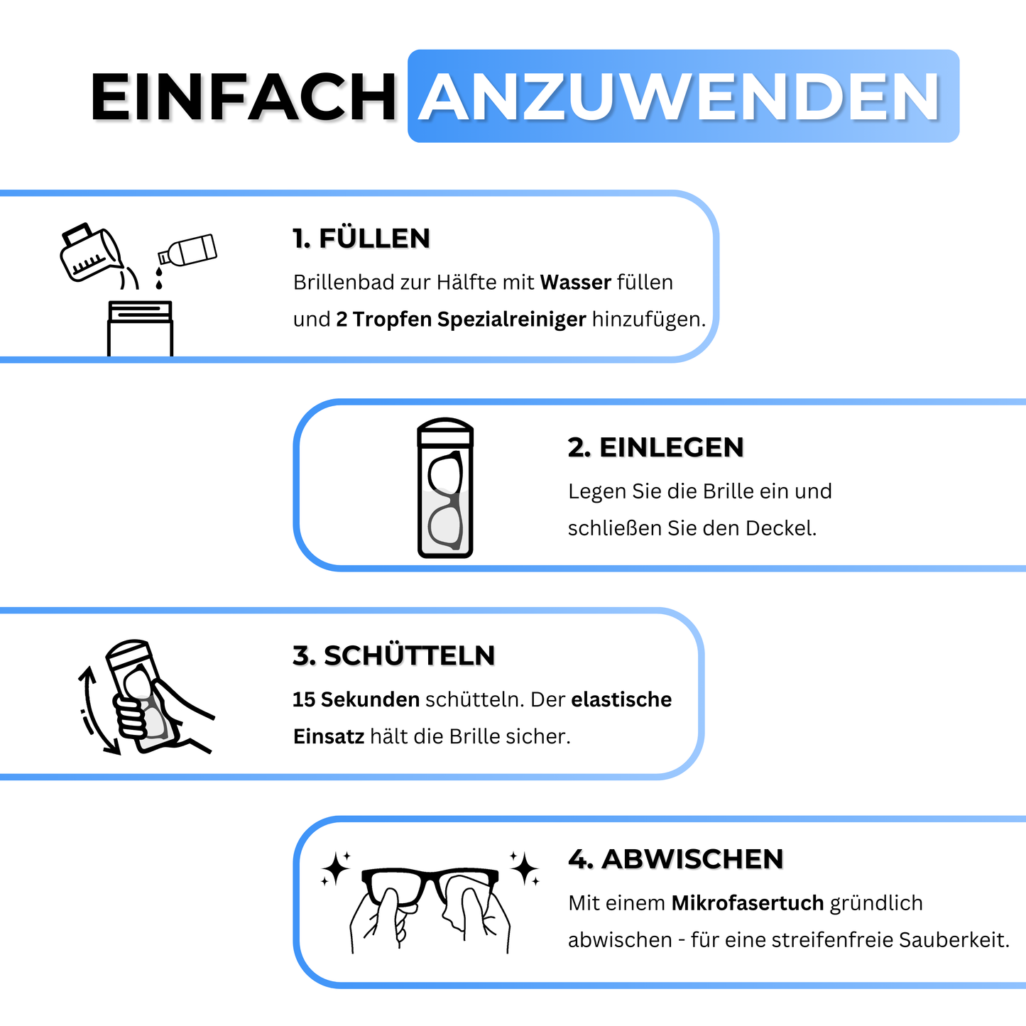 EyeAm Freiblick Brillenbad Blau – Anwendungstutorial: Brille eintauchen, mit Spezialreiniger reinigen, mit Mikrofasertuch abwischen