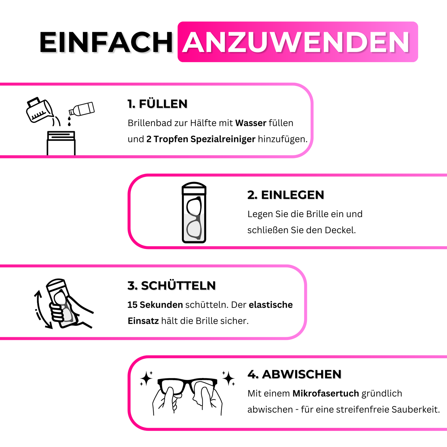 EyeAm Freiblick Brillenbad Grau – Anwendungstutorial: Brille eintauchen, mit Spezialreiniger reinigen, mit Mikrofasertuch abwischen