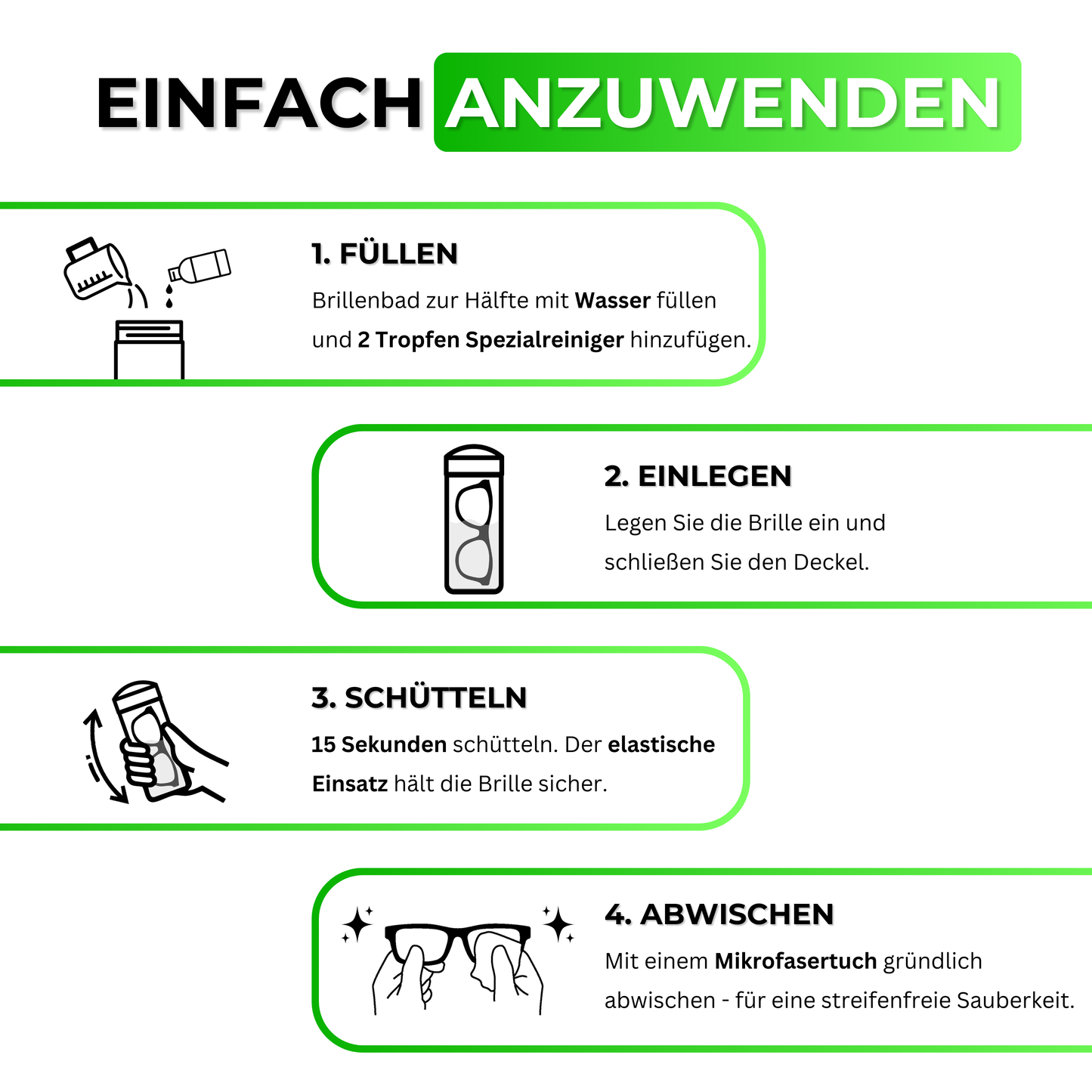 EyeAm Freiblick Brillenbad Grün – Anwendungstutorial: Brille eintauchen, mit Spezialreiniger reinigen, mit Mikrofasertuch abwischen