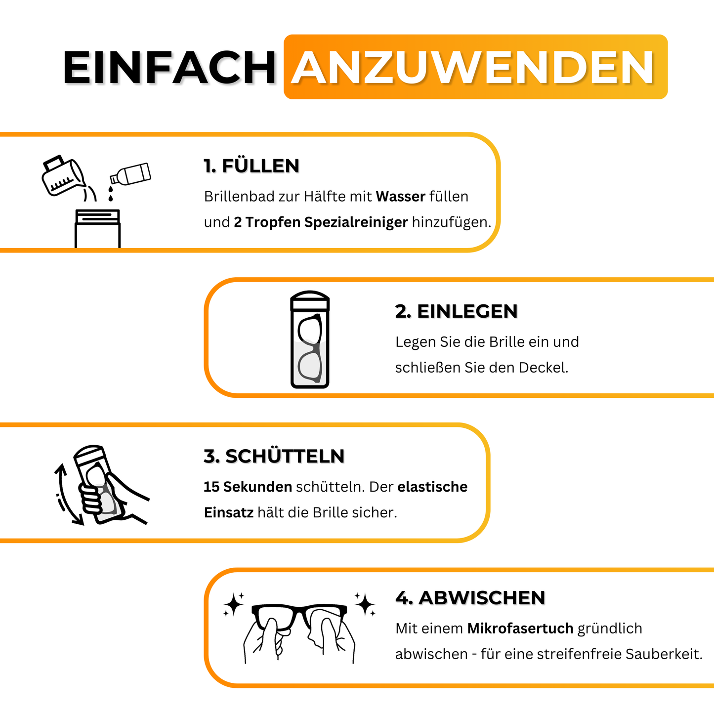 EyeAm Freiblick Brillenbad Orange – Anwendungstutorial: Brille eintauchen, mit Spezialreiniger reinigen, mit Mikrofasertuch abwischen