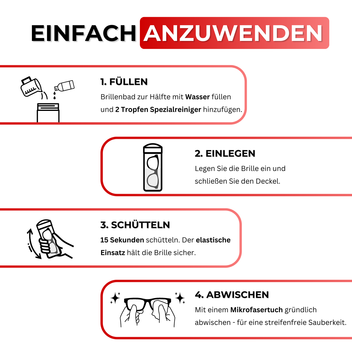 EyeAm Freiblick Brillenbad Rot – Anwendungstutorial: Brille eintauchen, mit Spezialreiniger reinigen, mit Mikrofasertuch abwischen