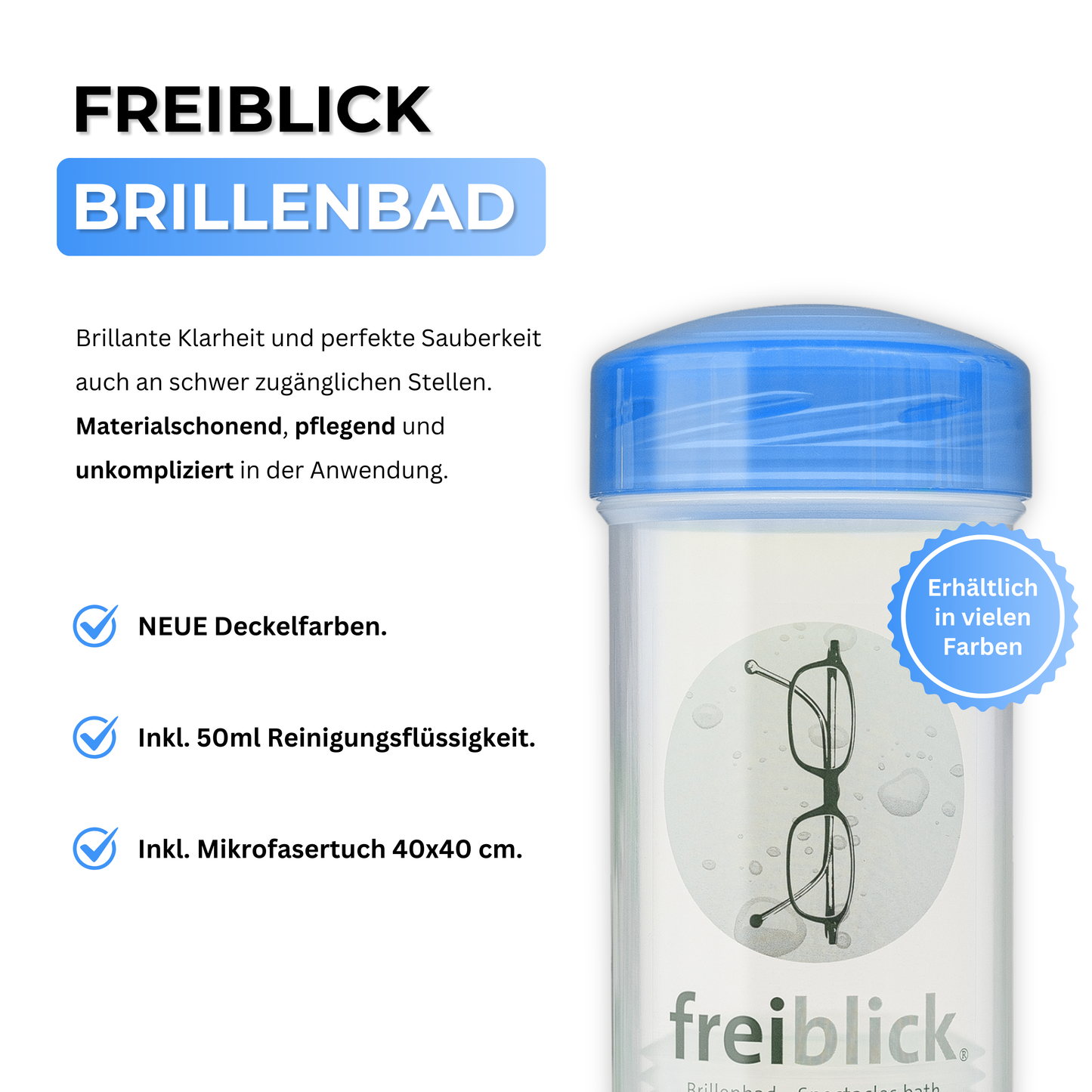EyeAm Freiblick Brillenbad Set in blau mit Spezialreiniger und Mikrofasertuch – Komplettlösung zur täglichen Brillenpflege für streifenfreie Gläser