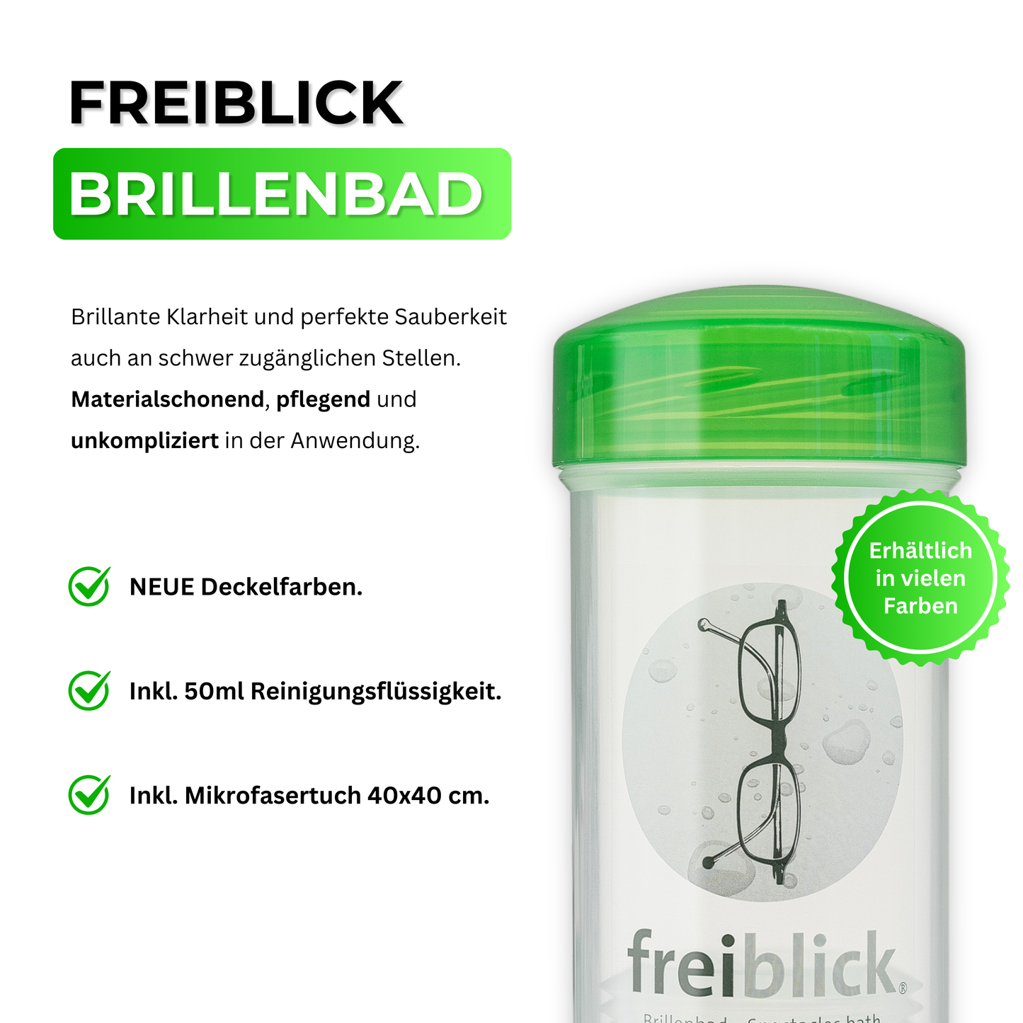 Detailansicht des EyeAm Freiblick Brillenbad Sets in Grün – Innenansicht mit geöffnetem Bad, Spezialreiniger 50ml und großem Mikrofasertuch
