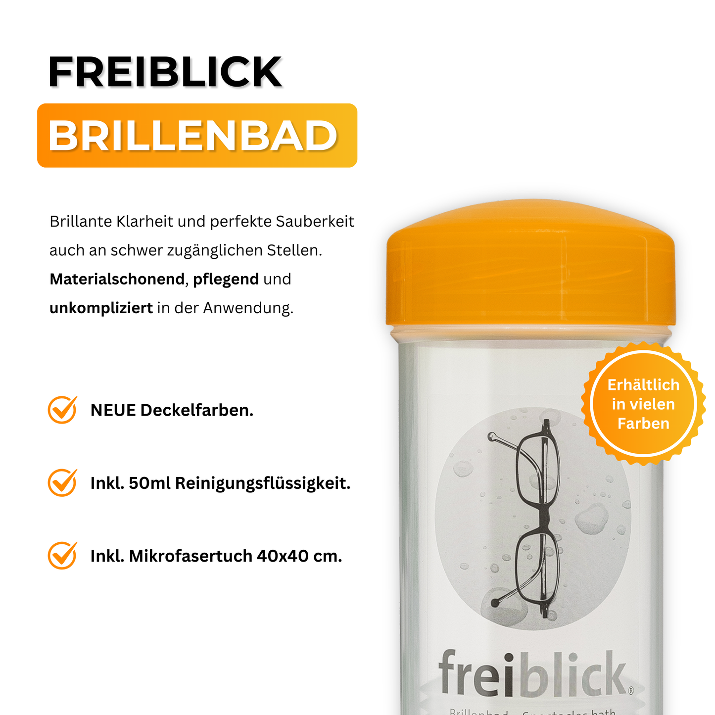 EyeAm Freiblick Brillenbad Set in Orange mit Spezialreiniger und Mikrofasertuch – Komplettlösung zur täglichen Brillenpflege für streifenfreie Gläser