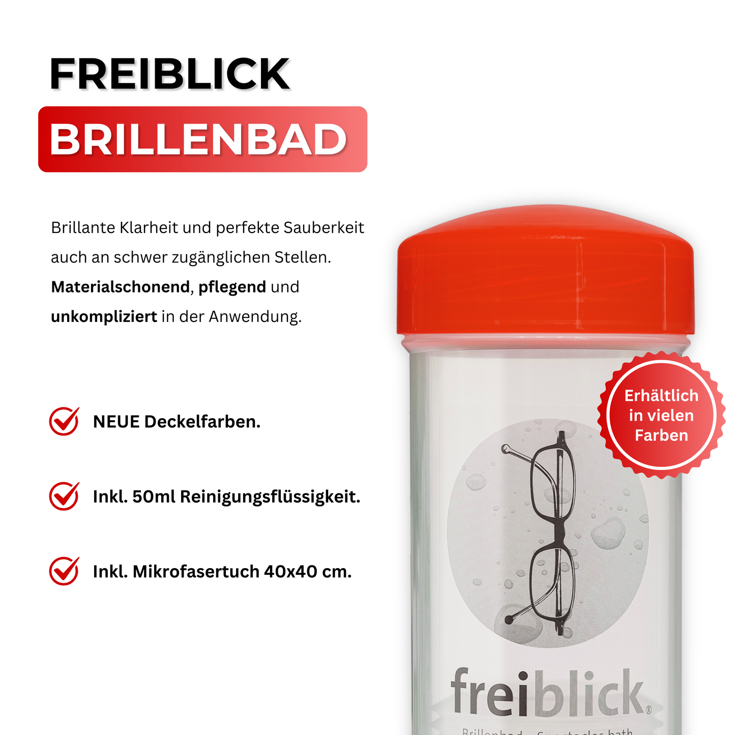 Detailansicht des EyeAm Freiblick Brillenbad Sets in Rot – Innenansicht mit geöffnetem Bad, Spezialreiniger 50ml und großem Mikrofasertuch