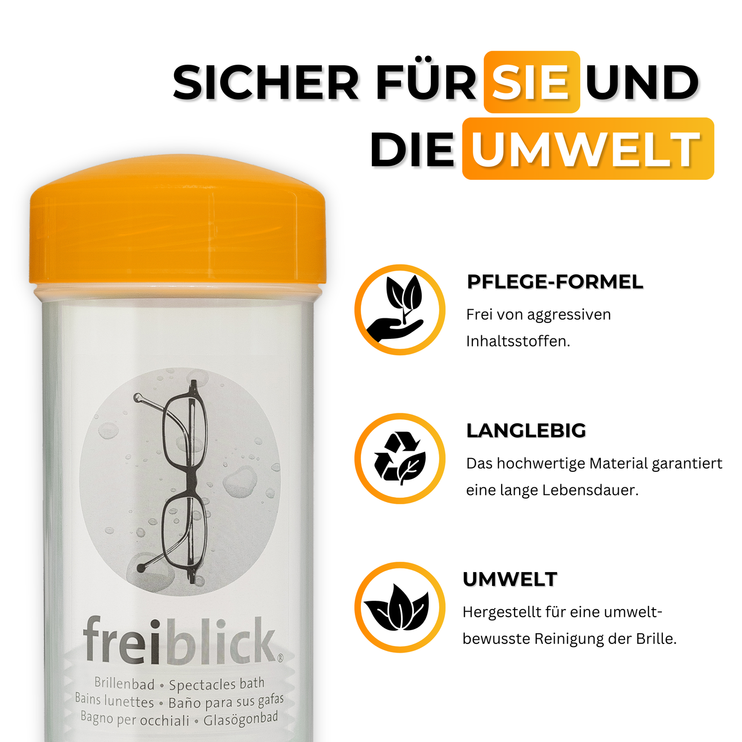 Nachhaltige Brillenreinigung mit dem EyeAm Freiblick Brillenbad Set in Orange – umweltschonend, wiederverwendbar & alkoholfrei für sensible Materialien