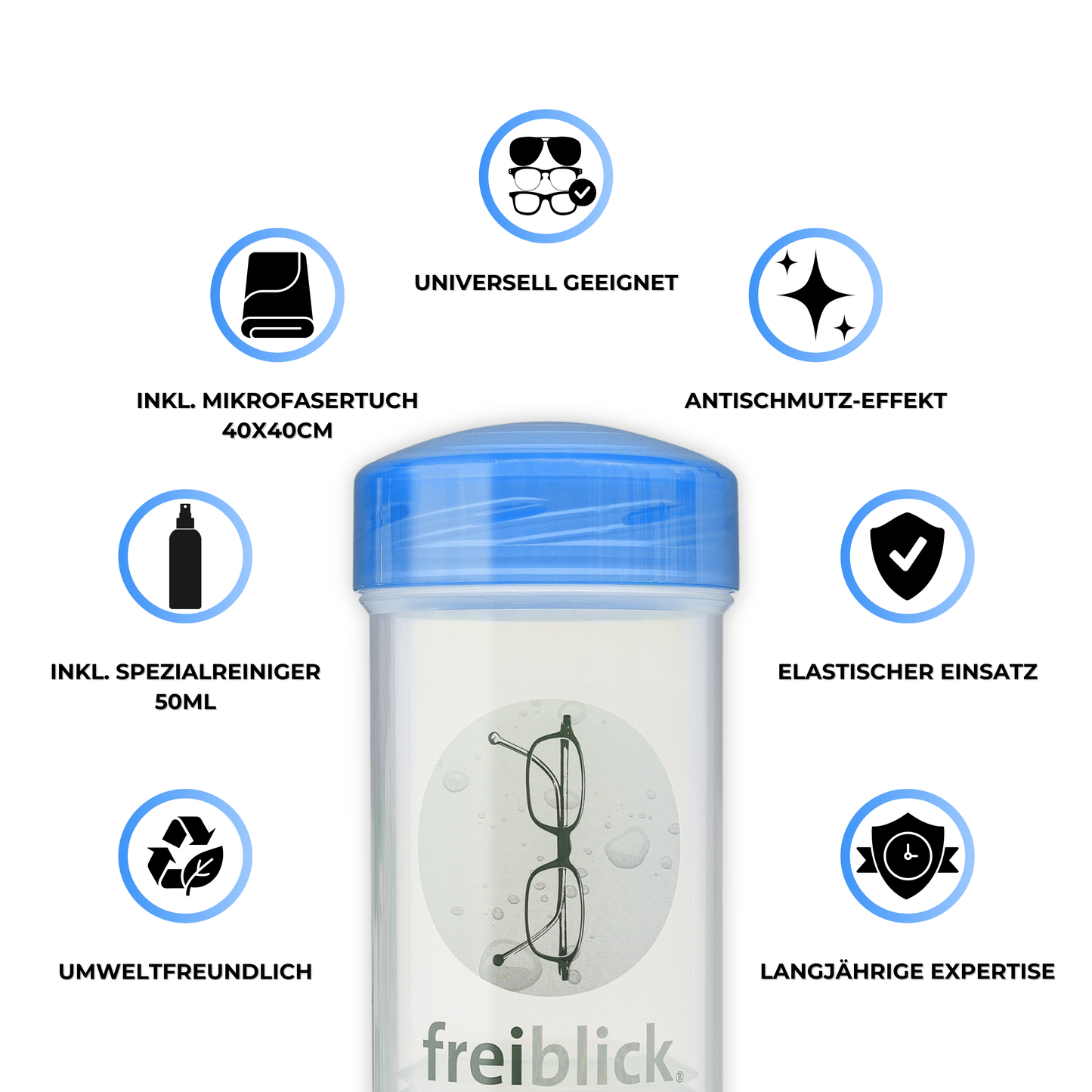 EyeAm Freiblick Brillenbad Set Blau – Icons mit Vorteilen: streifenfrei, wiederverwendbar, antistatisch, für Kunststoff- und Glasgläser geeignet, nachhaltig